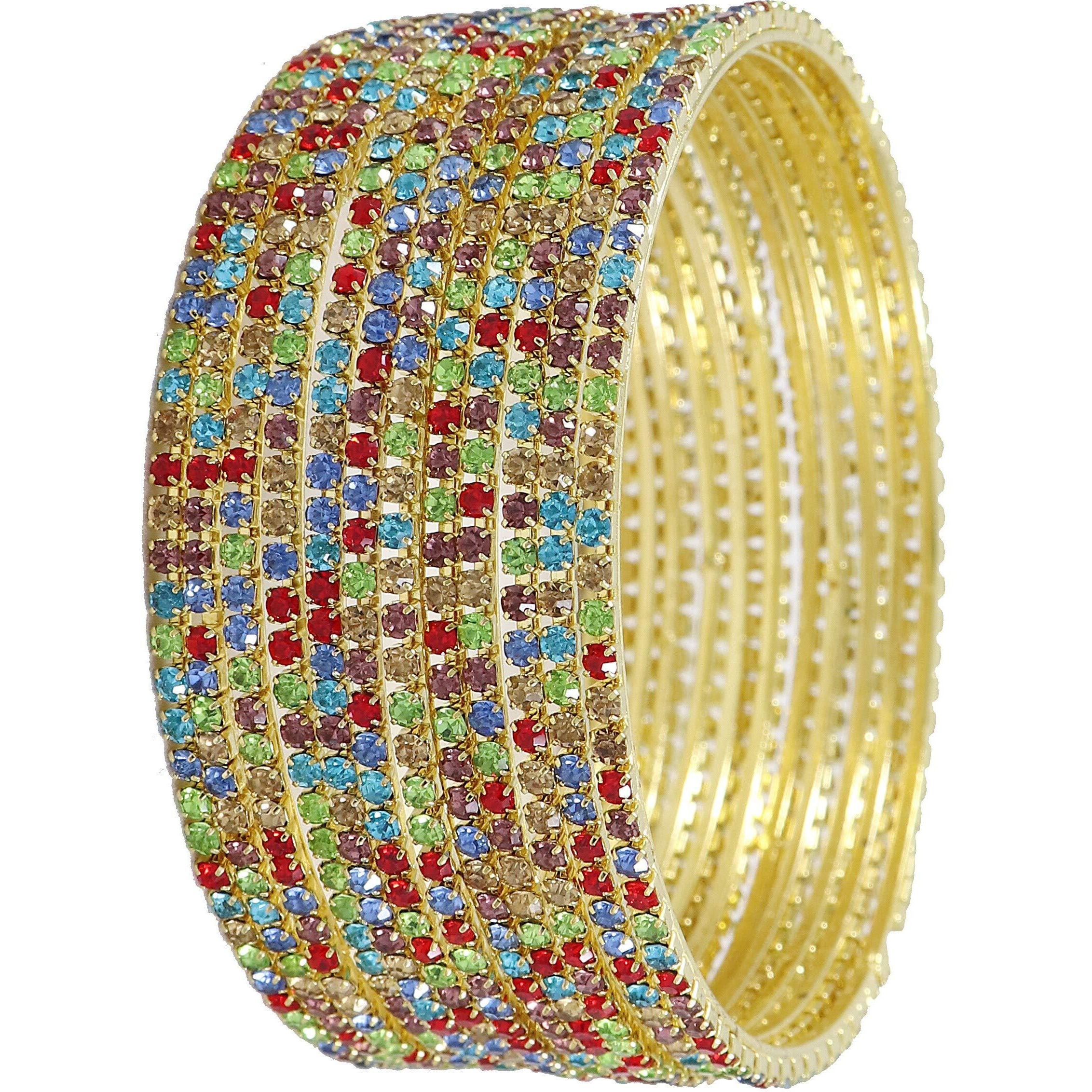 ZULKA Non-Precious Metal Base Metal with Zircon Gemstone Studded worked Glossy Finished Bangle Set For Women and Girls, (MultiColour_2.6 Inches), Pack Of 12 Bangle Set