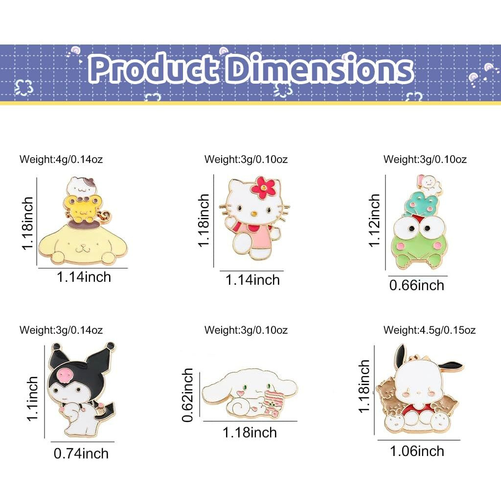 SANNIDHI 6Pcs Brooch Pin for Women Girls Cartoon Cute Kuromi Cinnamoroll Enamel Pins Safety Brooch Buttons Pins Sanrio Kitty Brooch for Kids Girls Saree Pins for Clothing Jackets Hat Backpack