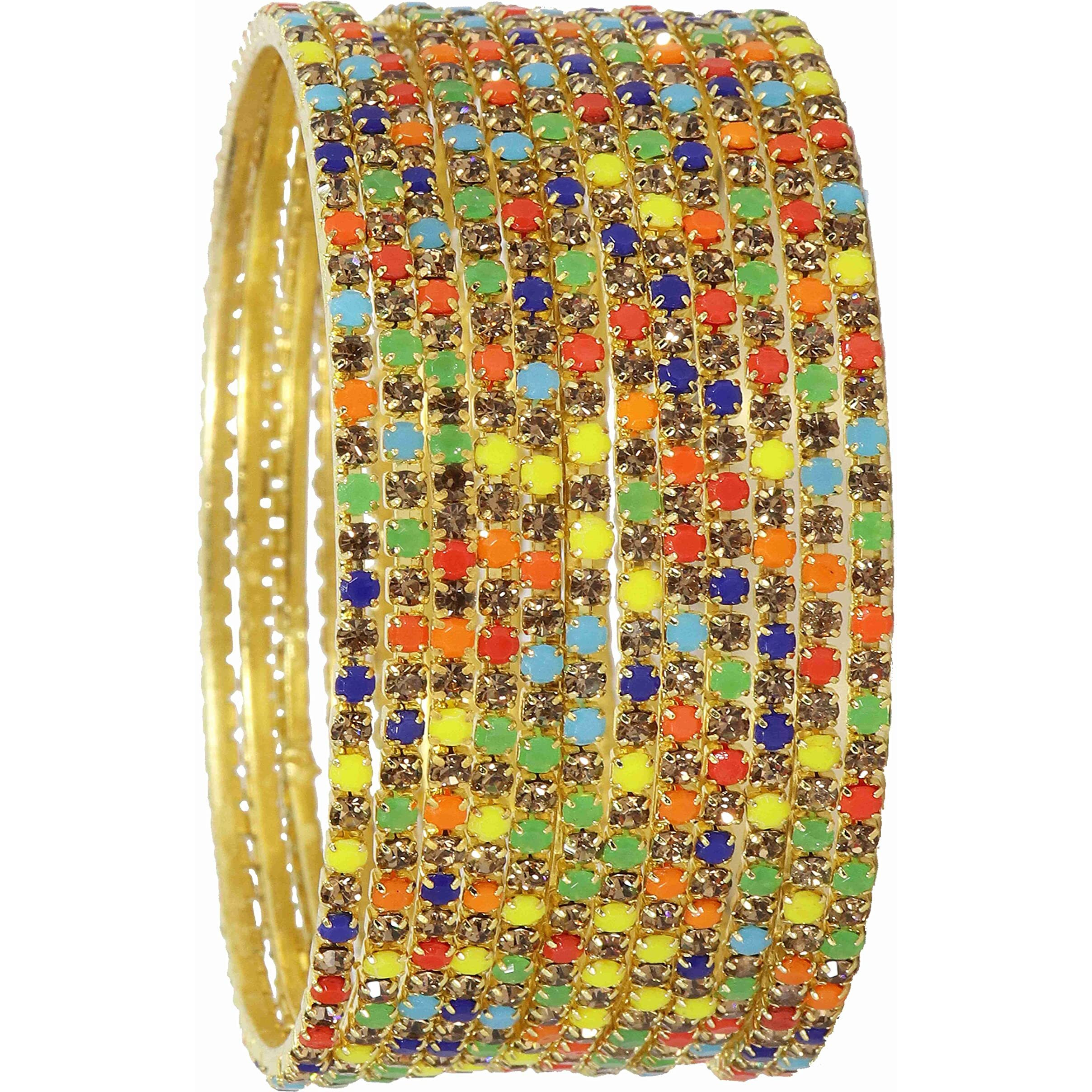 ZULKA Non-Precious Metal with Base Metal and Zircon Gemstone Studded Premium and Traditional Glossy Finished Sleek Bangle set for Women and Girls, (Golden-Multi_2.4 Inches), Pack Of 12 Bangles