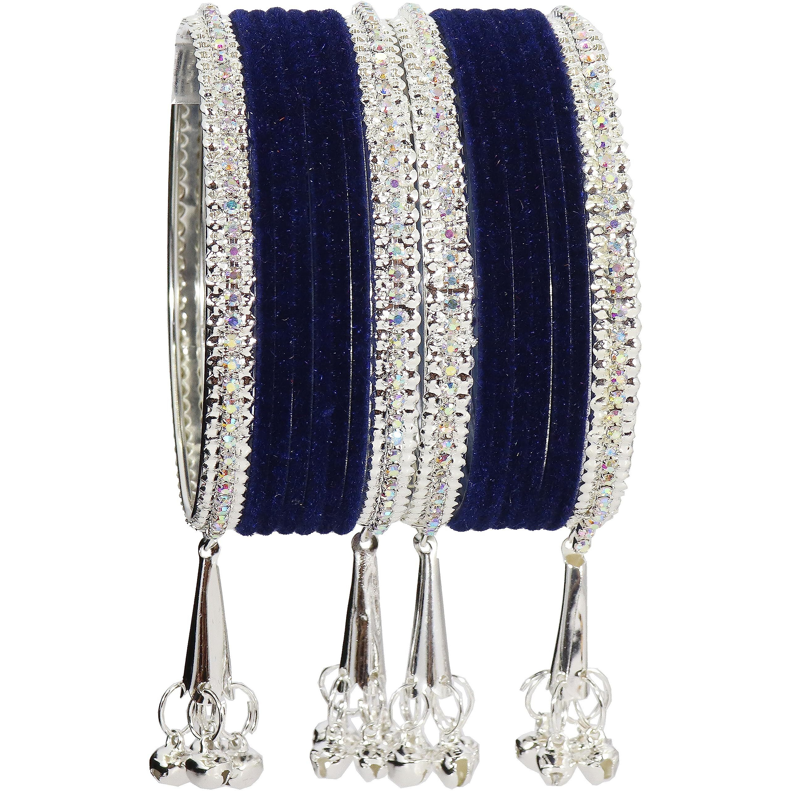 NMII Metal with Zircon Gemstone and Velvet Studded Bells Latkan Bangles Set For Girls and Women I Latkan Bangles, Premium Bangle Bracelet Set (Silver-Blue-2.8 Inches), Pack Of 16