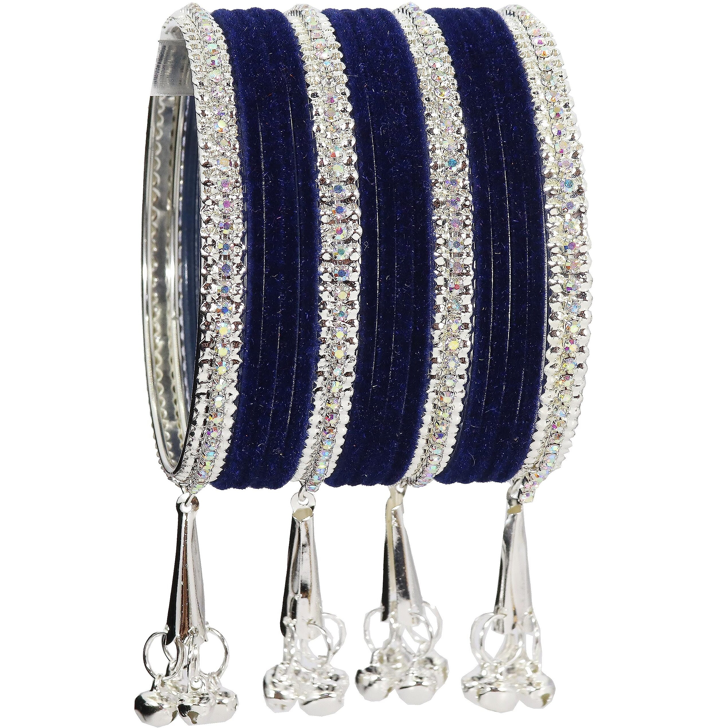 NMII Metal with Zircon Gemstone and Velvet Studded Bells Latkan Bangles Set For Girls and Women I Latkan Bangles, Premium Bangle Bracelet Set (Silver-Blue-2.8 Inches), Pack Of 16