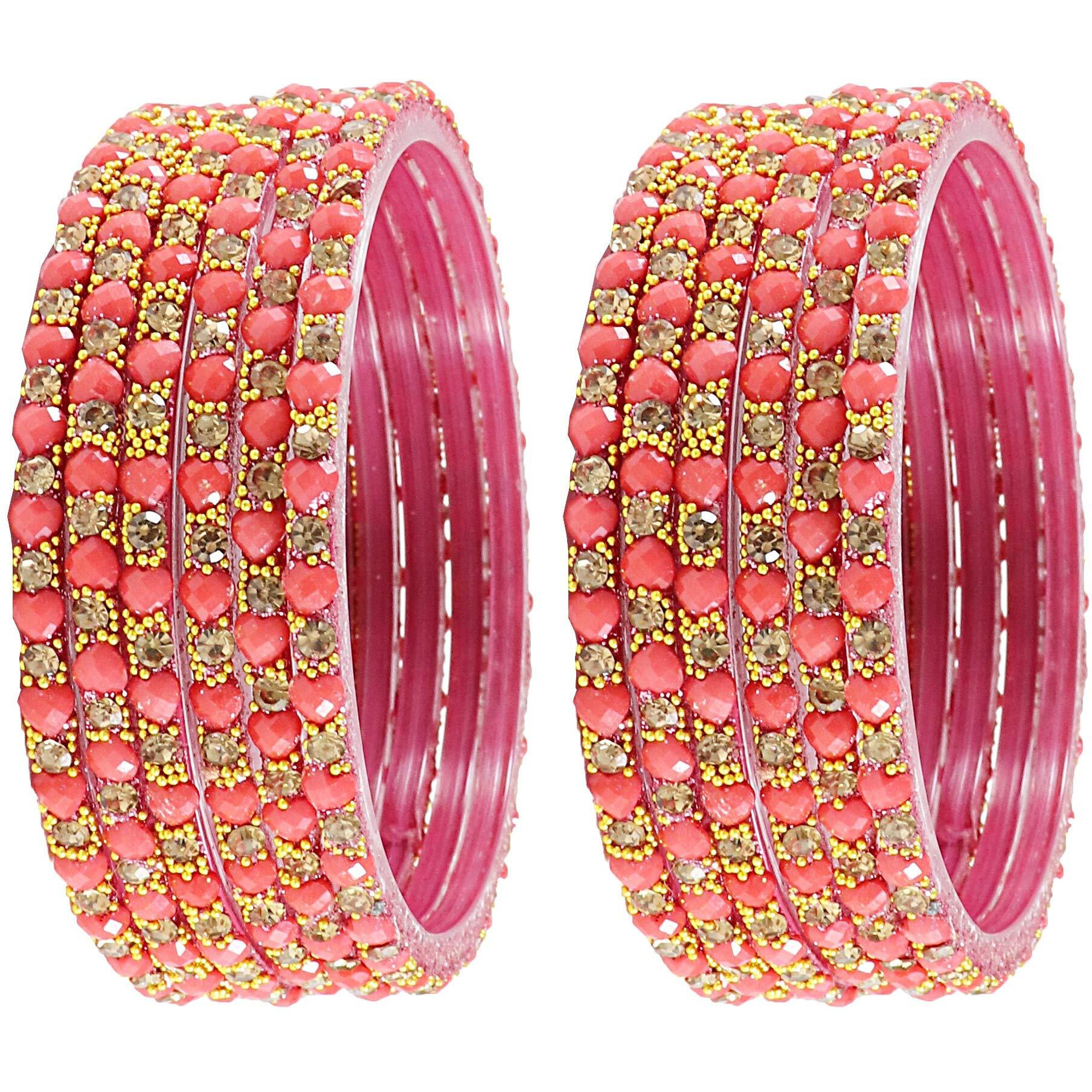 NMII Zircon Gemstone with Heart Shaped Beads and Golden Colour Balls Studded Glossy Finished Glass Kada Set For Women and Girls, (Watermelon_2.8 Inches), Pack of 12 Kada Set