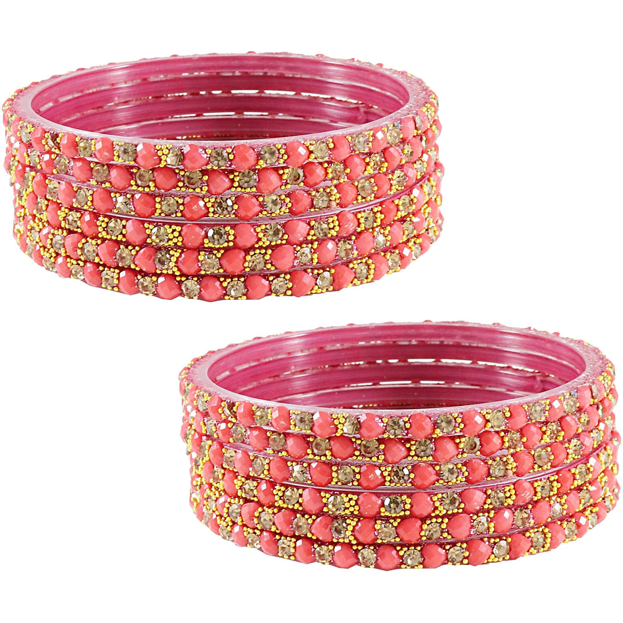 NMII Zircon Gemstone with Heart Shaped Beads and Golden Colour Balls Studded Glossy Finished Glass Kada Set For Women and Girls, (Watermelon_2.8 Inches), Pack of 12 Kada Set