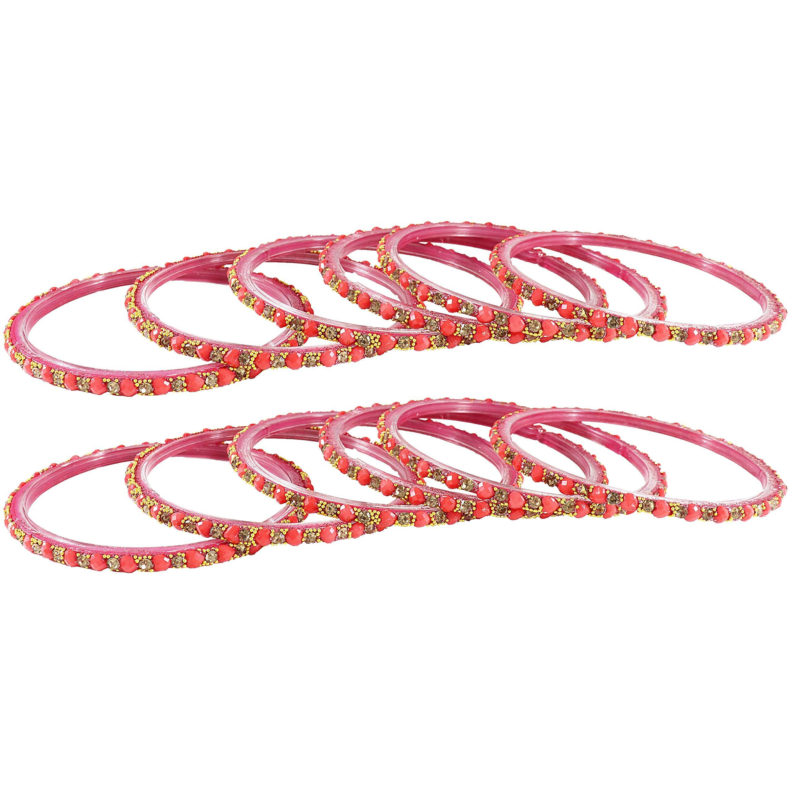 NMII Zircon Gemstone with Heart Shaped Beads and Golden Colour Balls Studded Glossy Finished Glass Kada Set For Women and Girls, (Watermelon_2.8 Inches), Pack of 12 Kada Set