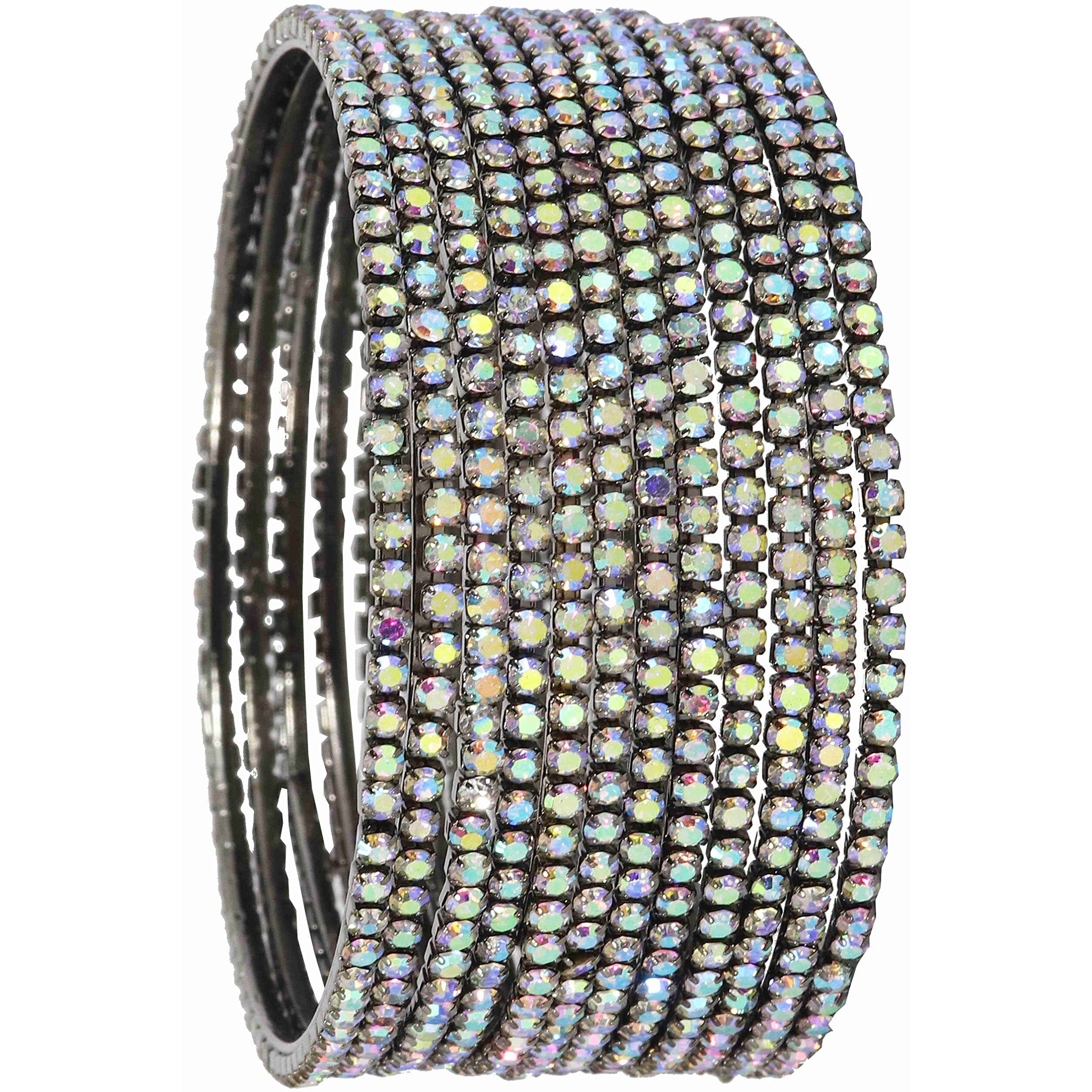 ZULKA Non-Precious Metal with Base Metal and Zircon Gemstone Studded Premium and Traditional Glossy Finished Sleek Bangle set for Women and Girls, (Grey-Rainbow_2.6 Inches), Pack Of 12 Bangles