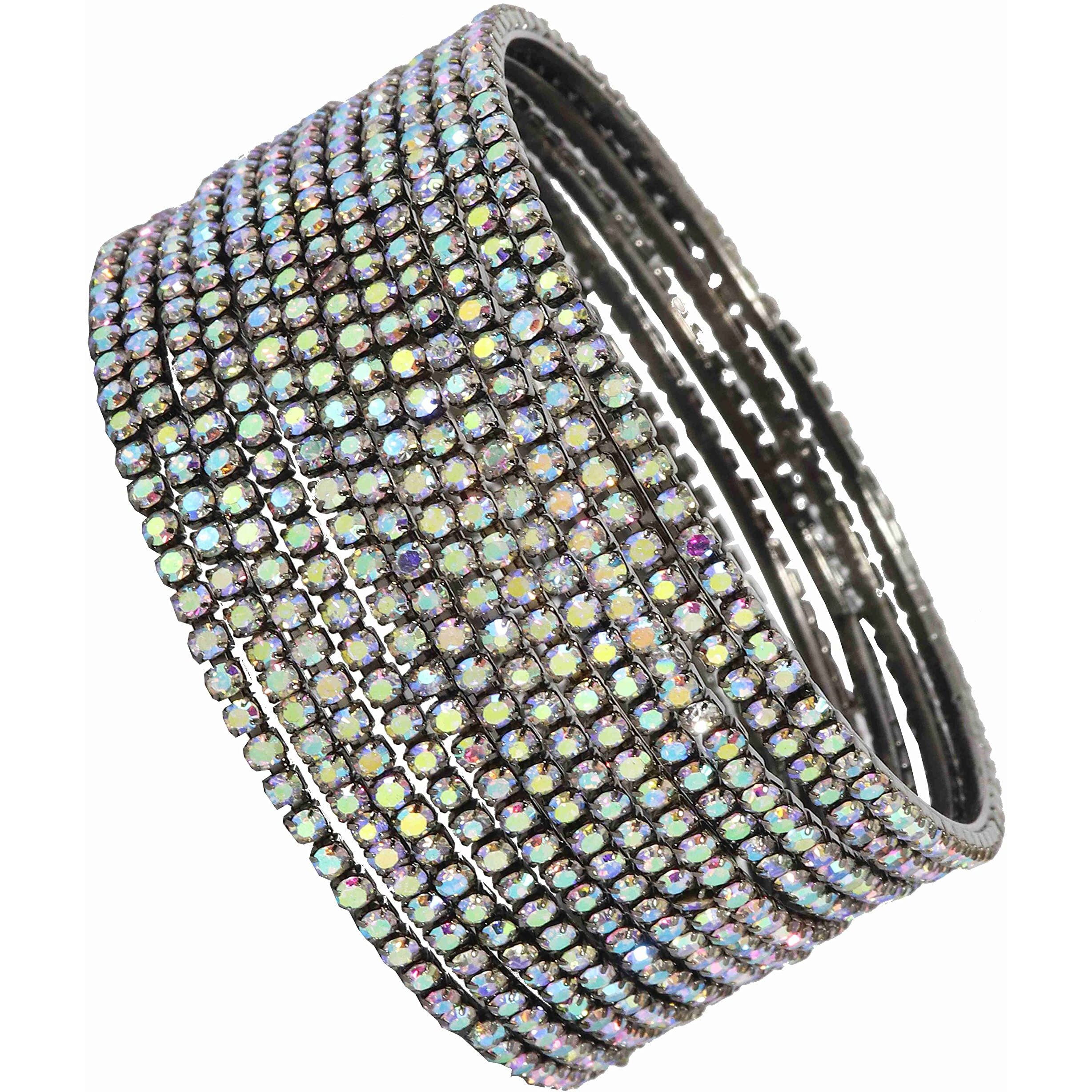 ZULKA Non-Precious Metal with Base Metal and Zircon Gemstone Studded Premium and Traditional Glossy Finished Sleek Bangle set for Women and Girls, (Grey-Rainbow_2.6 Inches), Pack Of 12 Bangles