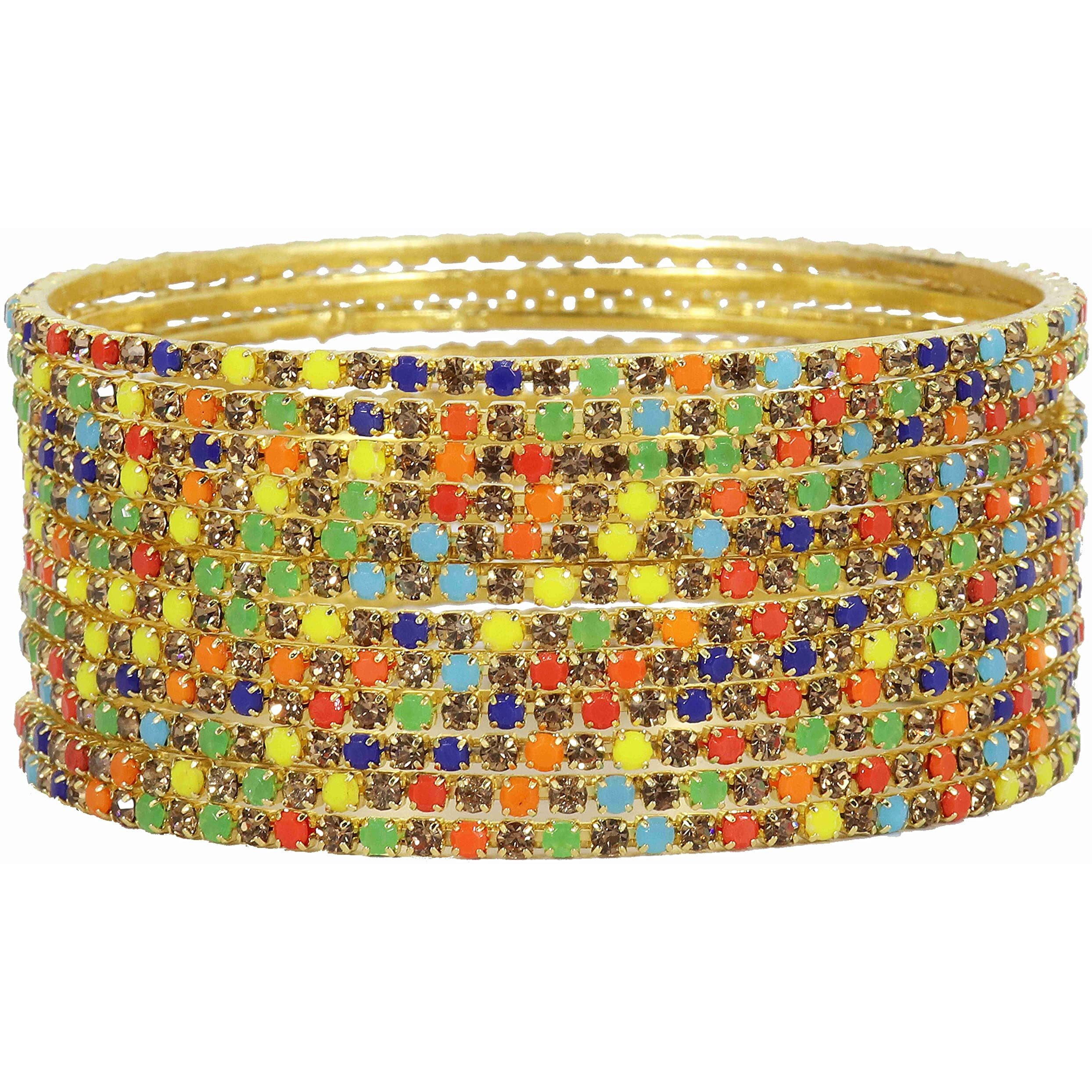 ZULKA Non-Precious Metal with Base Metal and Zircon Gemstone Studded Premium and Traditional Glossy Finished Sleek Bangle set for Women and Girls,(G-Multi_2.8 Inches), Pack Of 12 Bangles