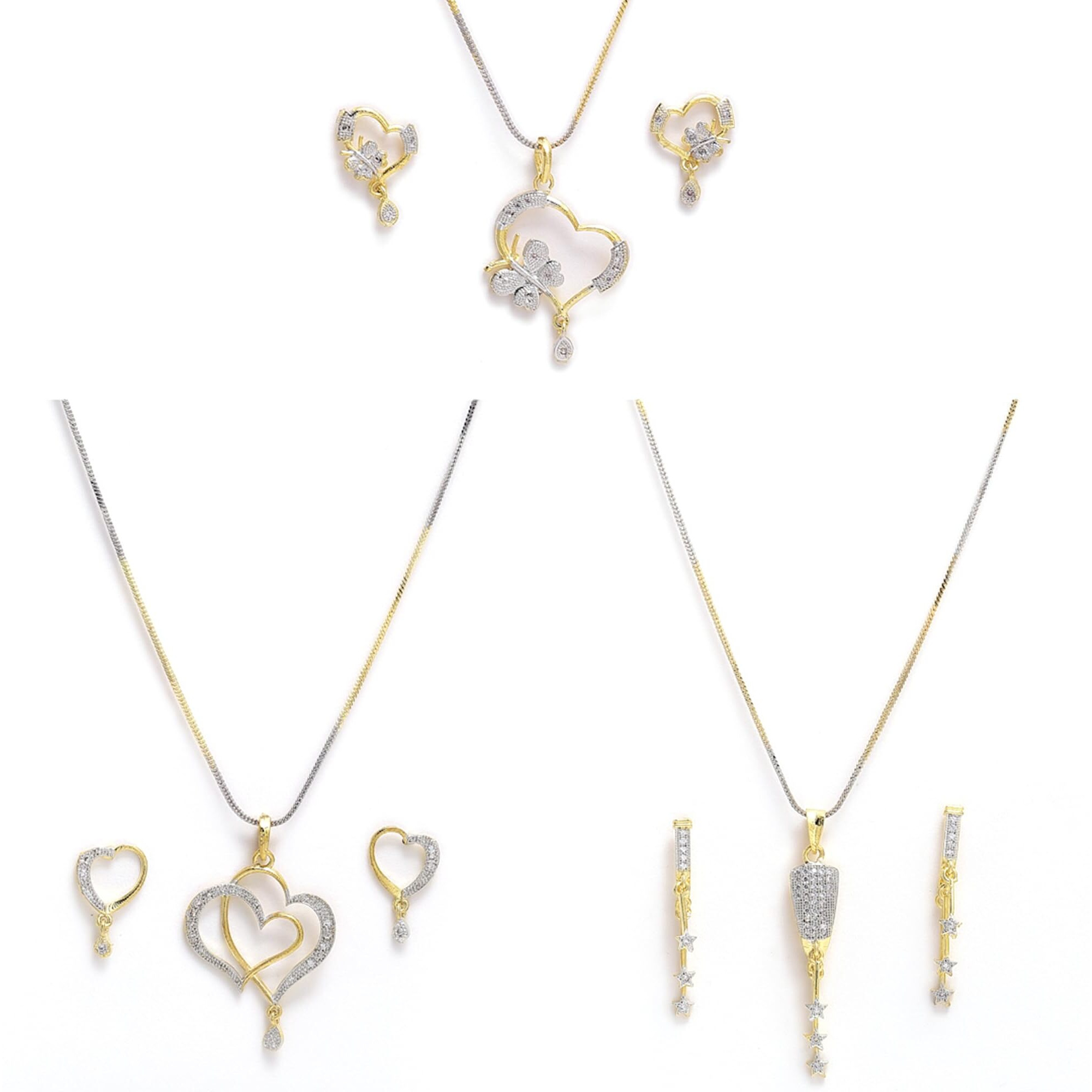 Zeneme Heart Shape Ad and Gold Plated Big Size Pendant Necklace Set for Women & Girls Set of 3 (Valentine Gift Special)