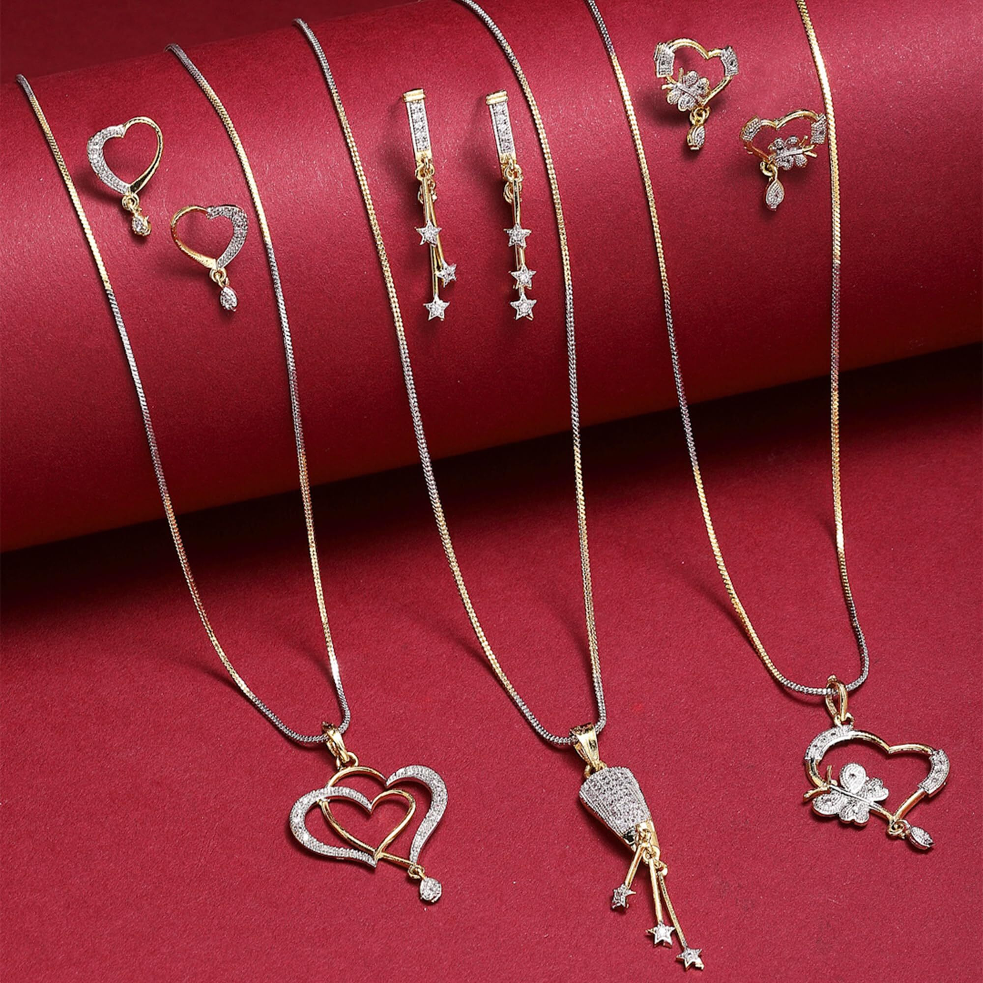 Zeneme Heart Shape Ad and Gold Plated Big Size Pendant Necklace Set for Women & Girls Set of 3 (Valentine Gift Special)