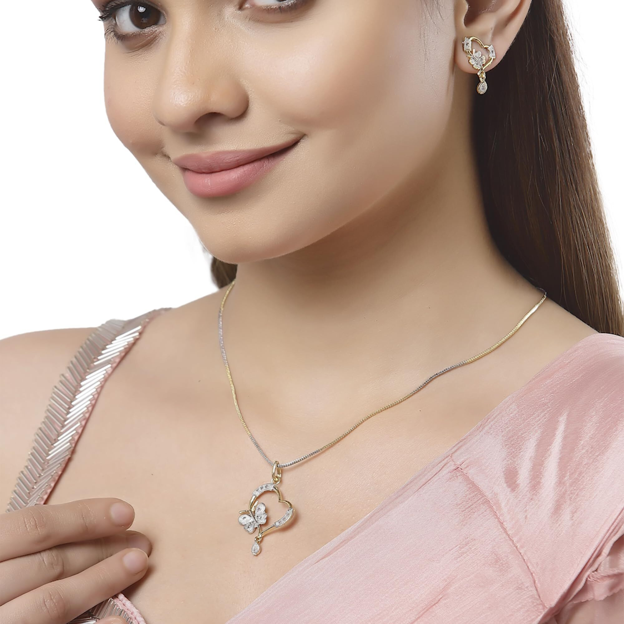 Zeneme Heart Shape Ad and Gold Plated Big Size Pendant Necklace Set for Women & Girls Set of 3 (Valentine Gift Special)