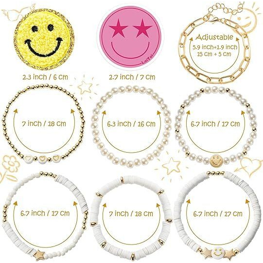 ginoya brothers Preppy Bracelets Set Colorful Star Evil Eye Beaded Clay Pearl Stackable Charm Kid core Summer Beach Bohemian Layering Bracelets Jewelry for Women Girls Teens. (WHITE)