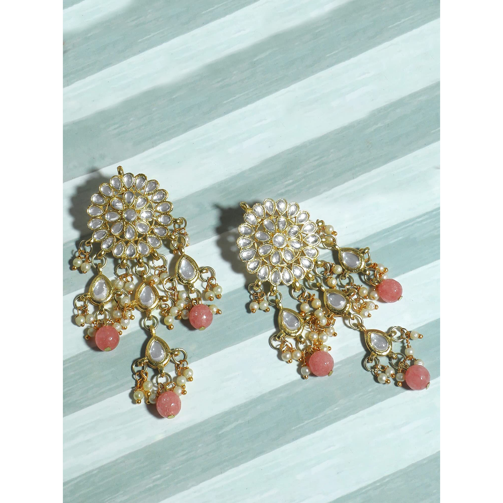 Karatcart Gold Plated Kundan Tassel Earrings for Women (Peach and Gold)