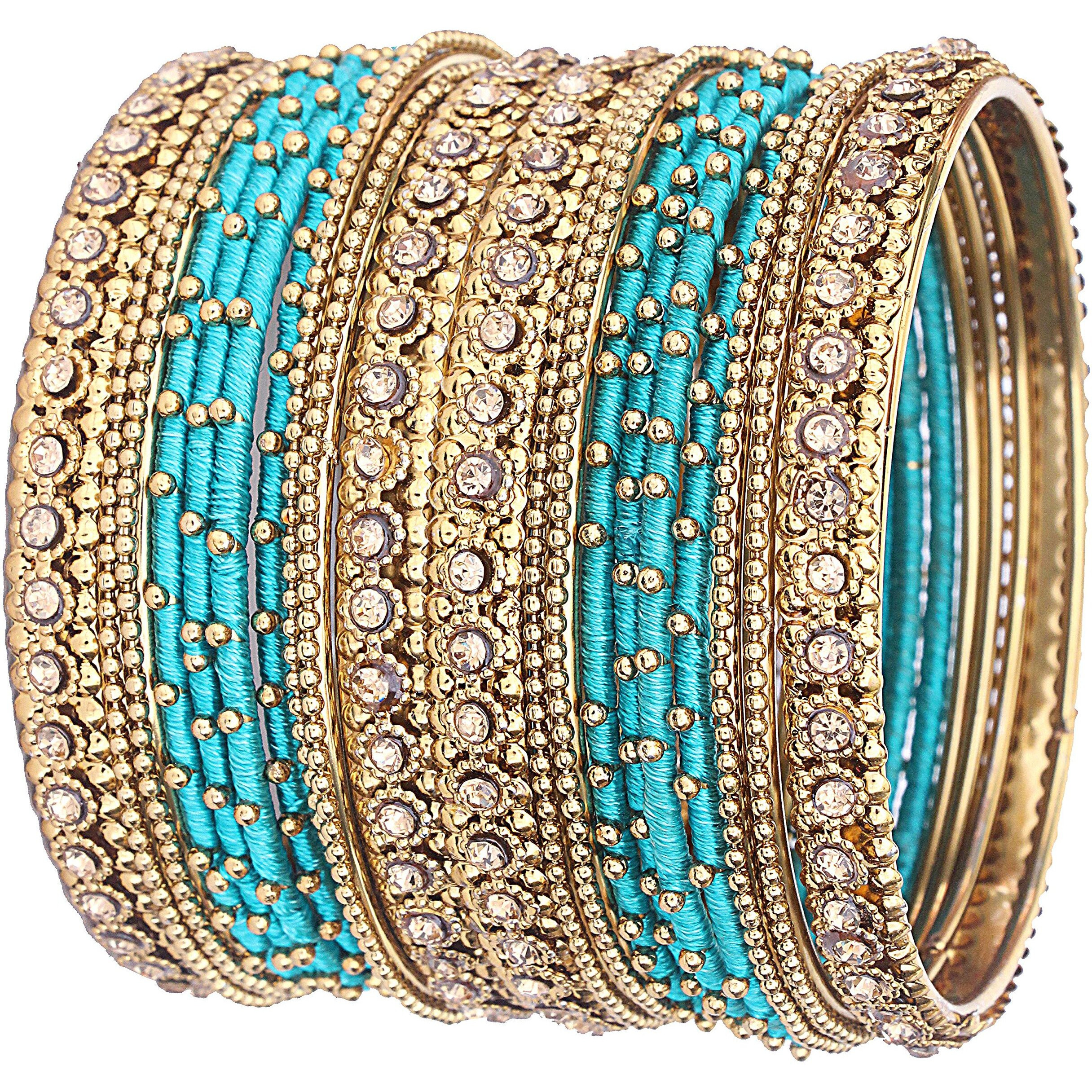 NMII Metal Base Metal Zircon Stone Bangle Set For Women & Girls (Teal) (Pack of 20)