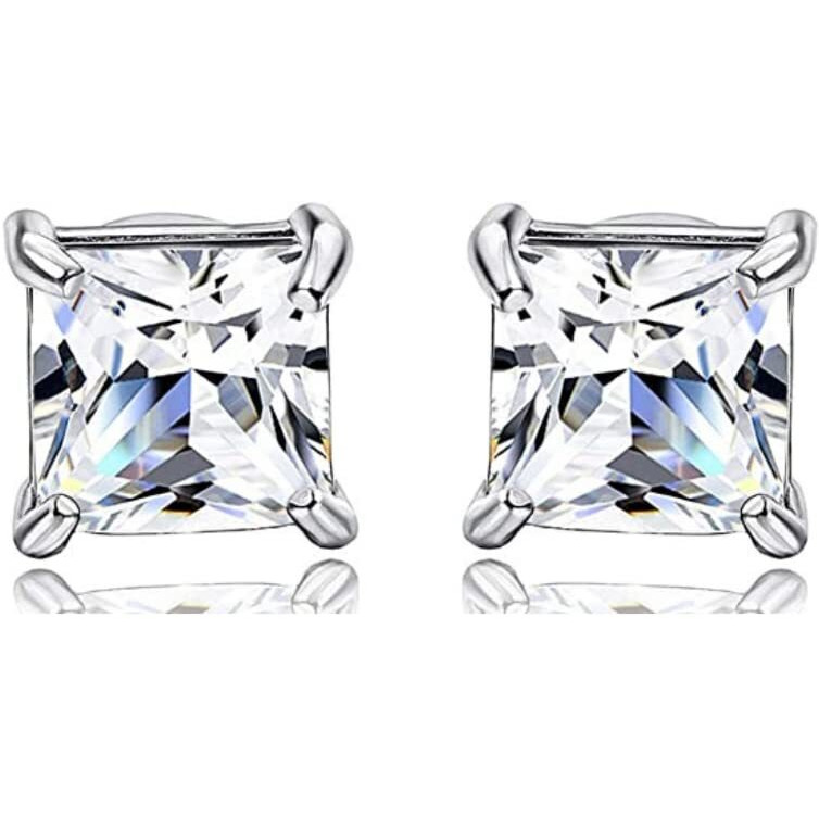 LaBling 925 Sterling Silver Square Stud Earrings Princess Cut Cubic Zirconia Tops for Men, Women, Boys and Girls - Silver 3mm