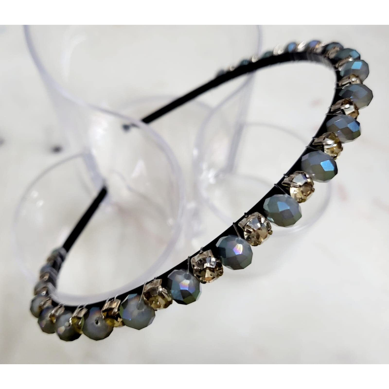 Deepti Chandna Designs Extremely Unique Stunning and Elegant Handcrafted Headband, Featuring Crystals & Stones for Women (Greyish Blue & White CZ Stone)