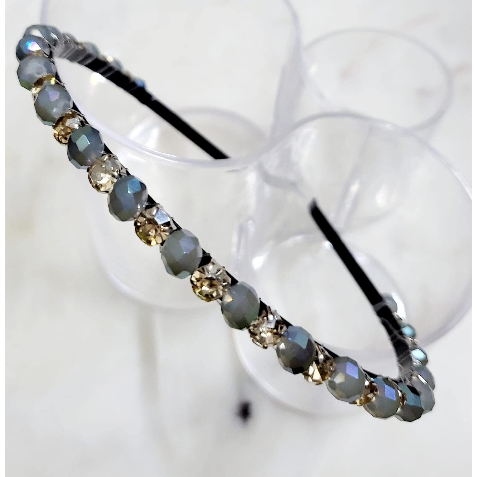 Deepti Chandna Designs Extremely Unique Stunning and Elegant Handcrafted Headband, Featuring Crystals & Stones for Women (Greyish Blue & White CZ Stone)