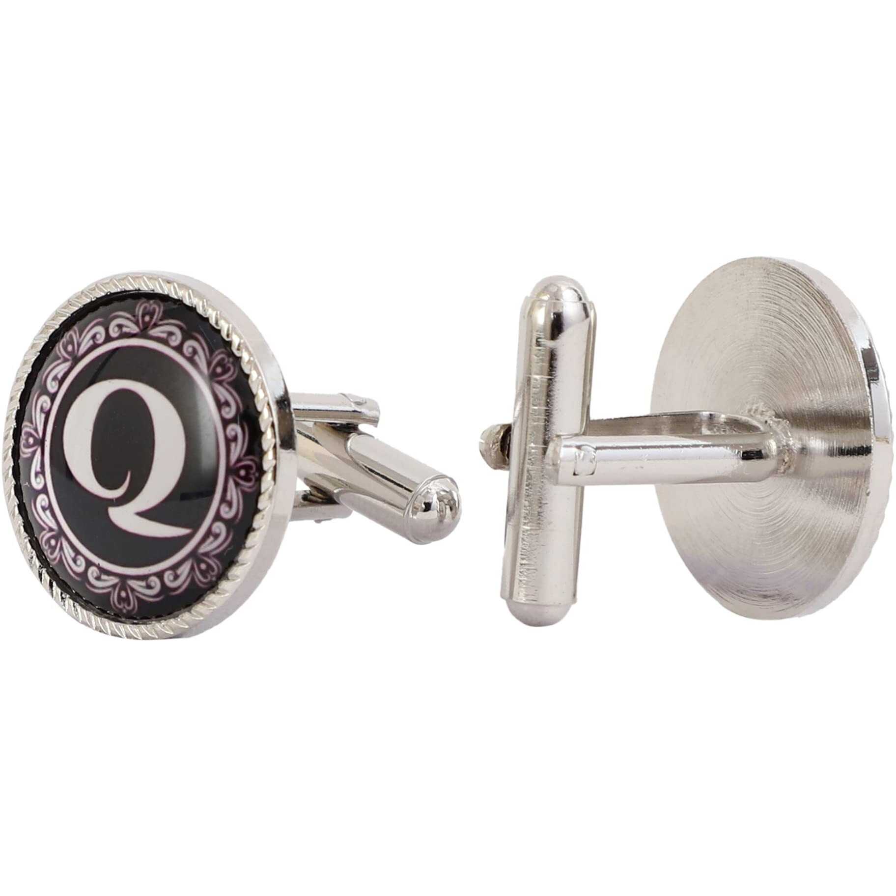 Ollera Premium Collection Name Initial Alphabet Letters Cufflinks Gift Set for Men in Wooden Box (Silver, Q)