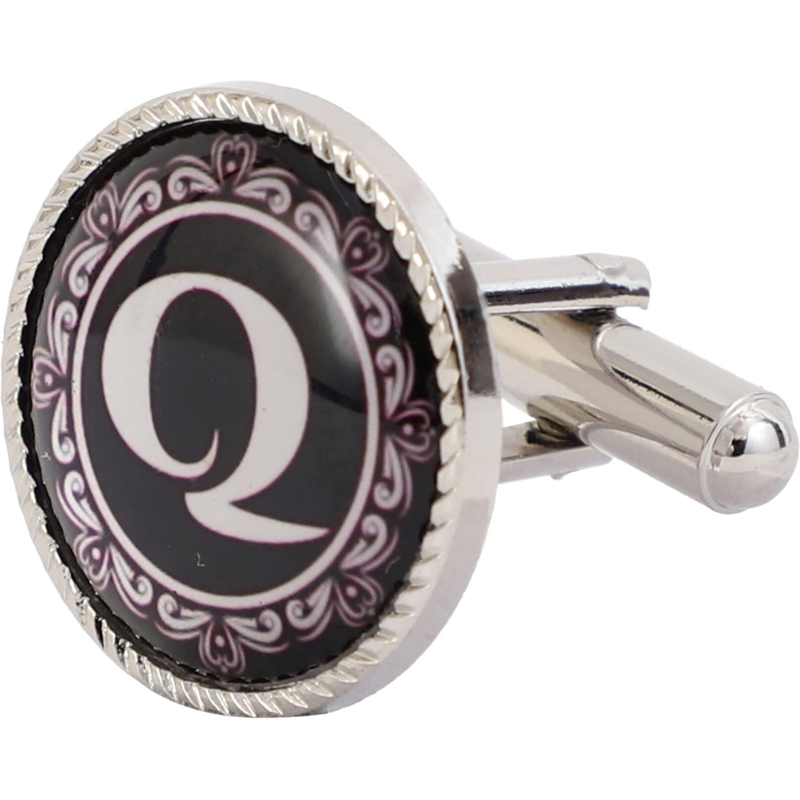 Ollera Premium Collection Name Initial Alphabet Letters Cufflinks Gift Set for Men in Wooden Box (Silver, Q)