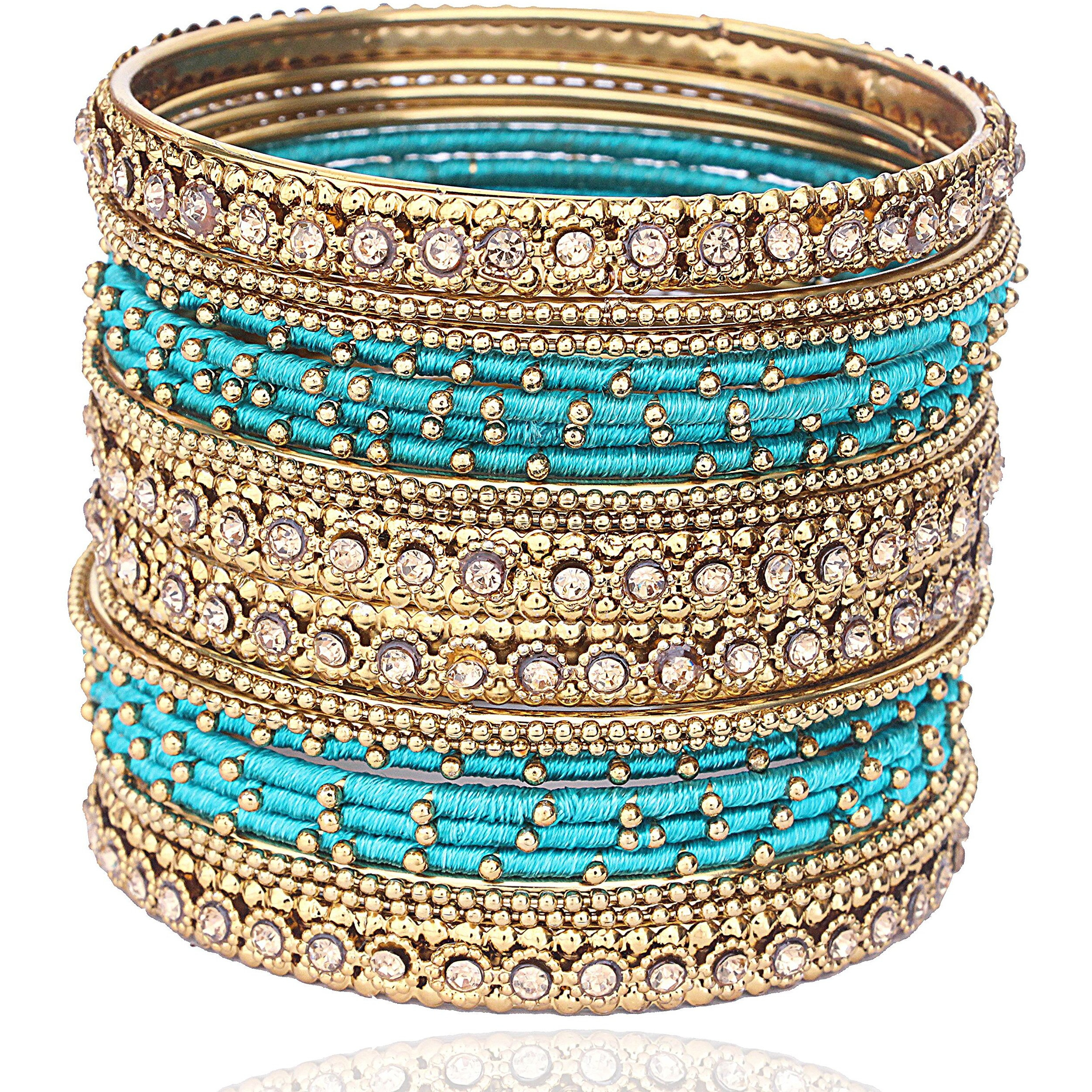 NMII Metal Base Metal Zircon Stone Bangle Set For Women & Girls (Turquoise) (Pack of 20)
