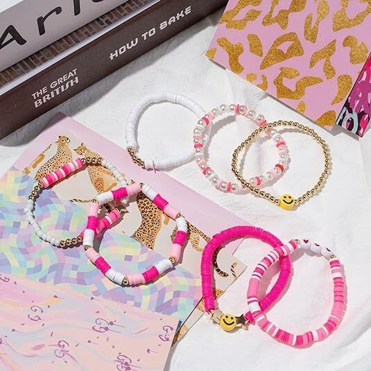 ginoya brothers Preppy Bracelets Set Colorful Star Evil Eye Pearl Stackable Charm Kid core Summer Beach Bohemian Layering Bracelets Jewelry for Women Girls Teens. (PINK)