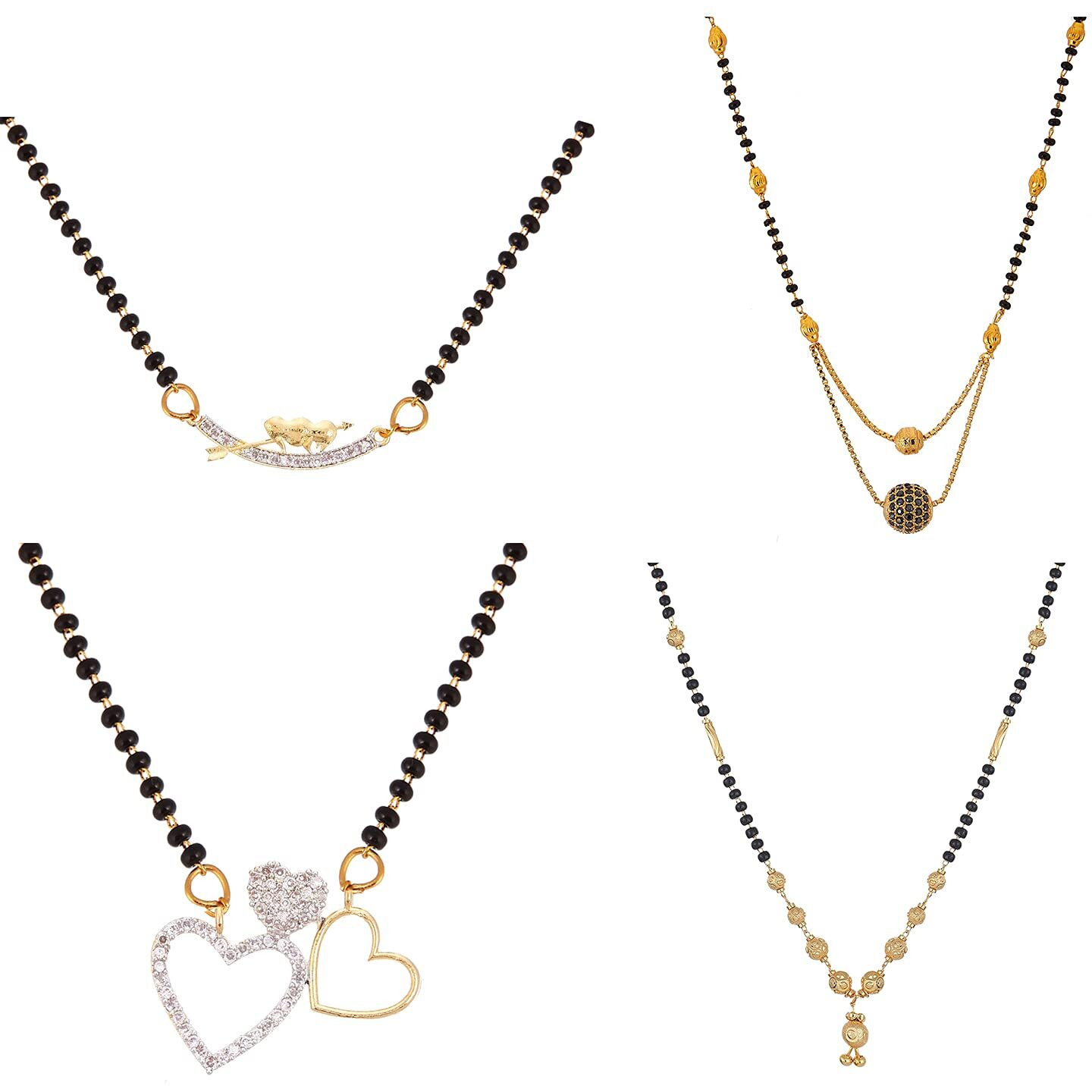 ZENEME Jewellery One Gram Gold Plated Combo of 4 Mangalsutra Necklace Pendant Tanmaniya Nallapusalu Black Bead Chain For Women and Girls (Design 11)