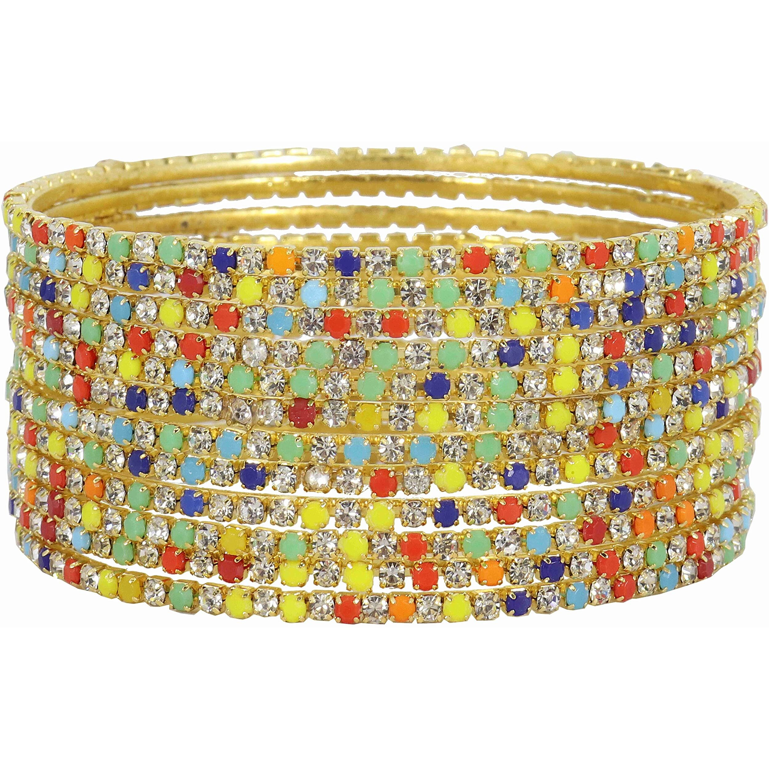 ZULKA Non-Precious Metal with Base Metal and Zircon Gemstone Studded Premium and Traditional Glossy Finished Sleek Bangle set for Women and Girls, (Silver-Multi_2.2 Inches), Pack Of 12 Bangles