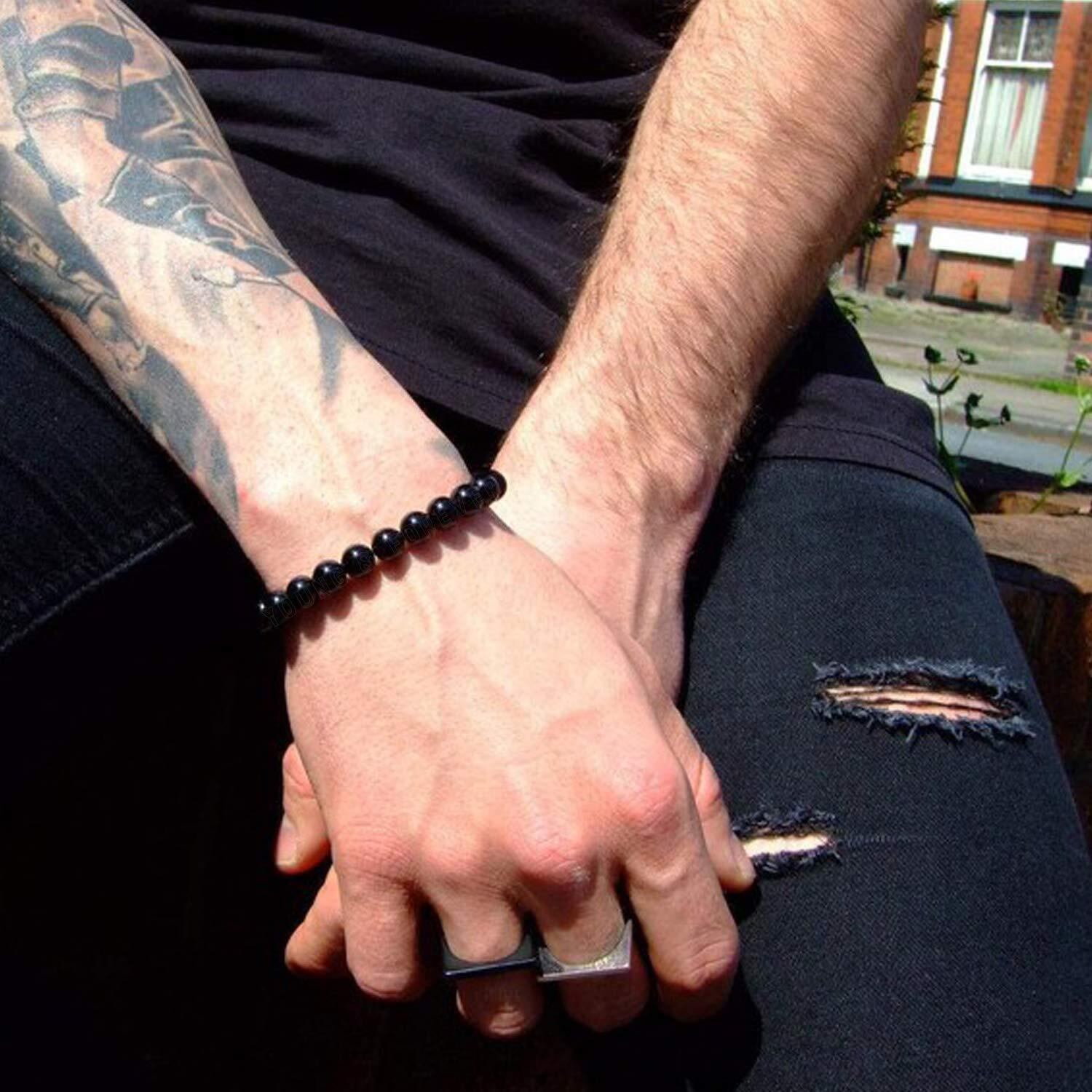 Young & Forever Gift Certified Reiki Crystal Semi Precious Gemstone Onyx Bracelet Negative Energy Protection Healing Stone Stretch Bracelet for Men and Women