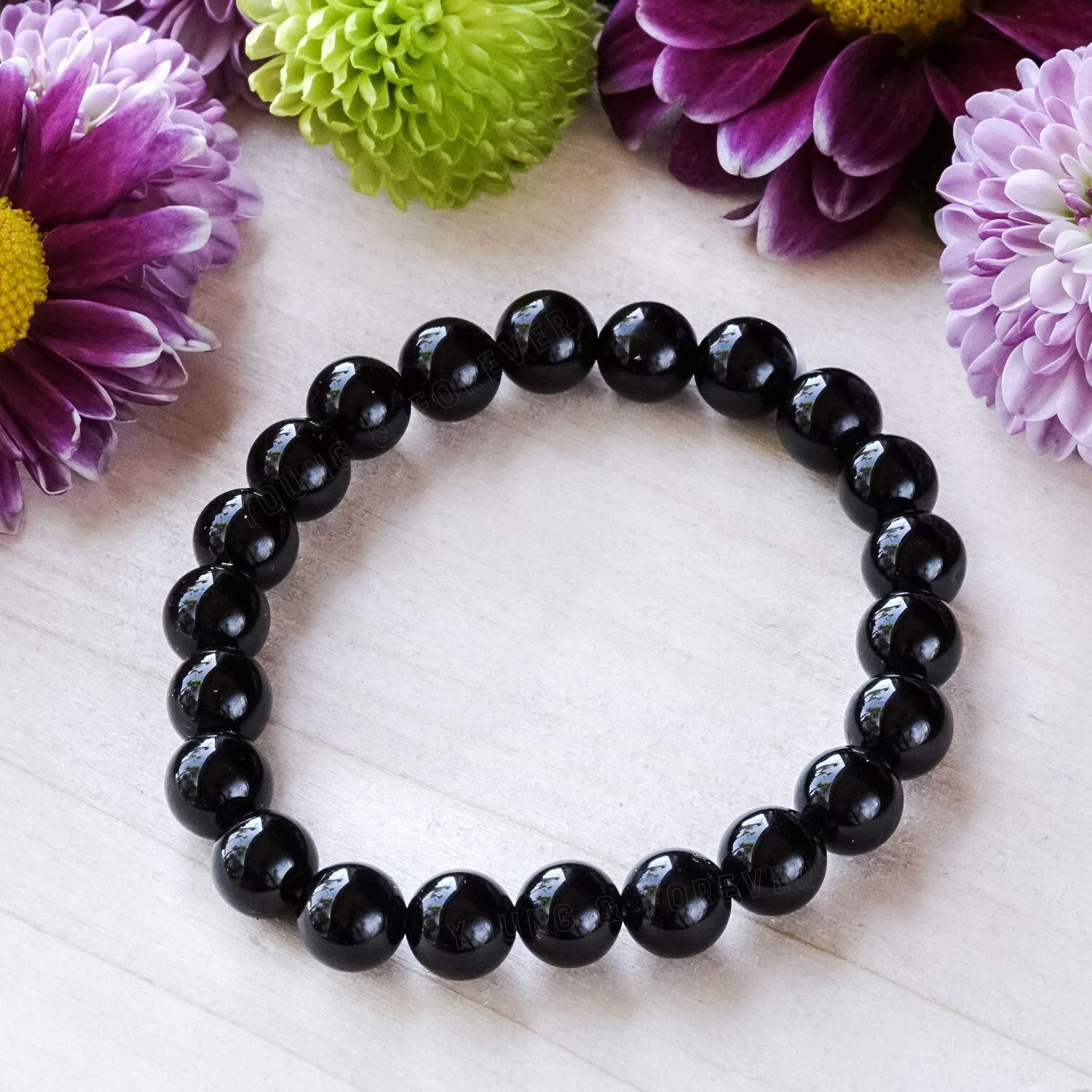 Young & Forever Gift Certified Reiki Crystal Semi Precious Gemstone Onyx Bracelet Negative Energy Protection Healing Stone Stretch Bracelet for Men and Women