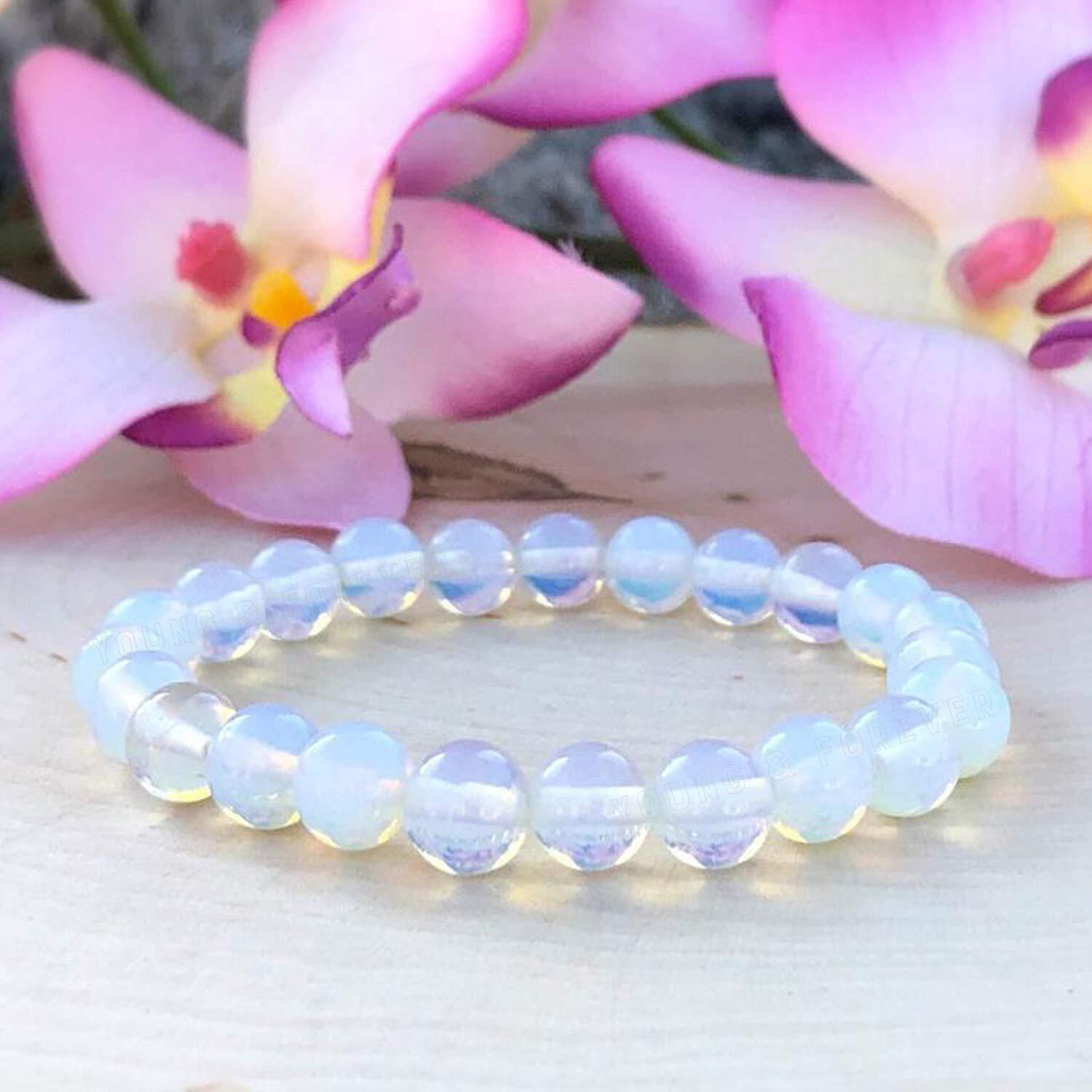 Young & Forever Gift Certified Reiki Crystal Semi Precious Gemstone Opalite Bracelet for Psychic Abilities ity and Transition Healing Stone Stretch Bracelet for Men and Women