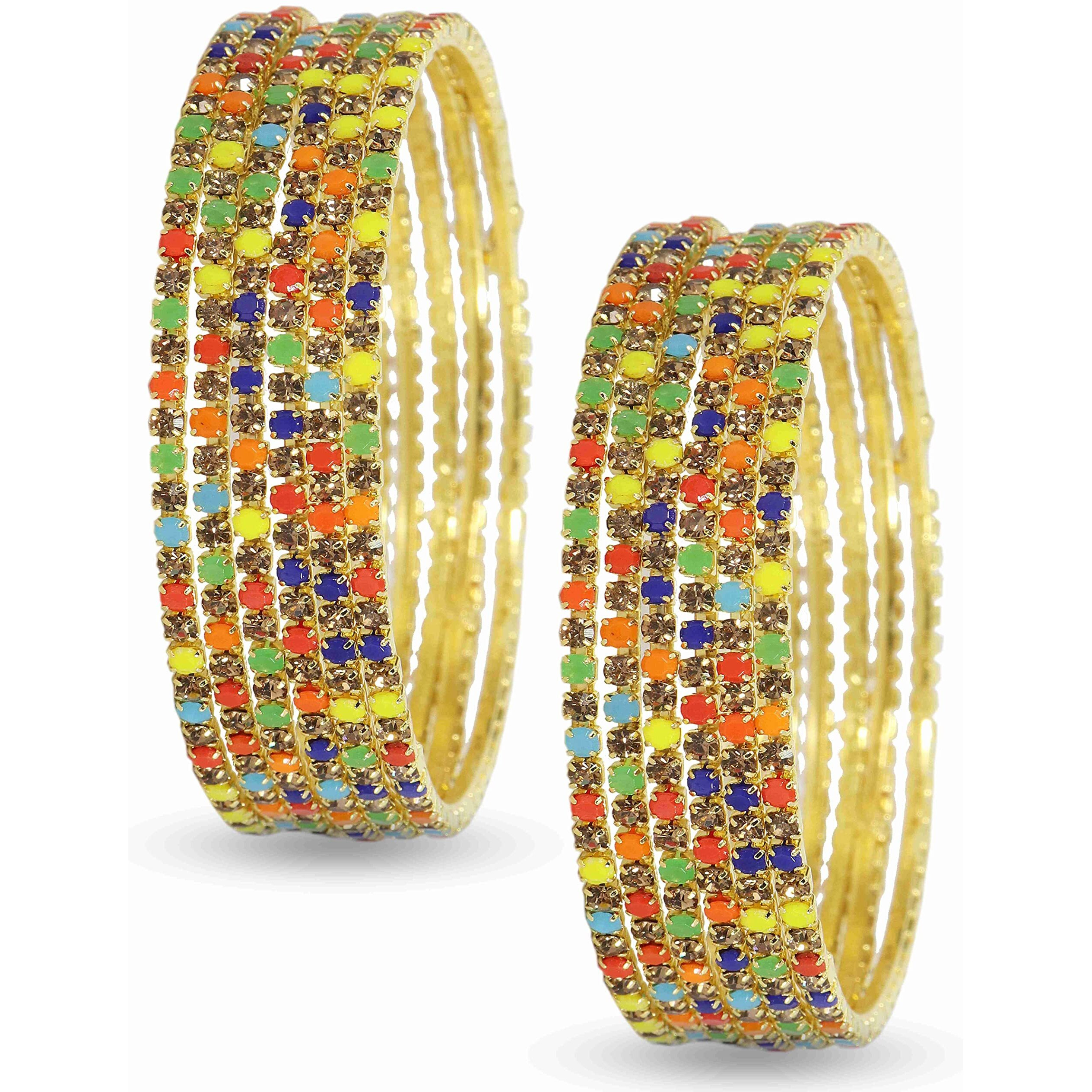 ZULKA Non-Precious Metal with Base Metal and Zircon Gemstone Studded Premium and Traditional Glossy Finished Sleek Bangle set for Women and Girls, (Golden-Multi_2.6 Inches), Pack Of 12 Bangles