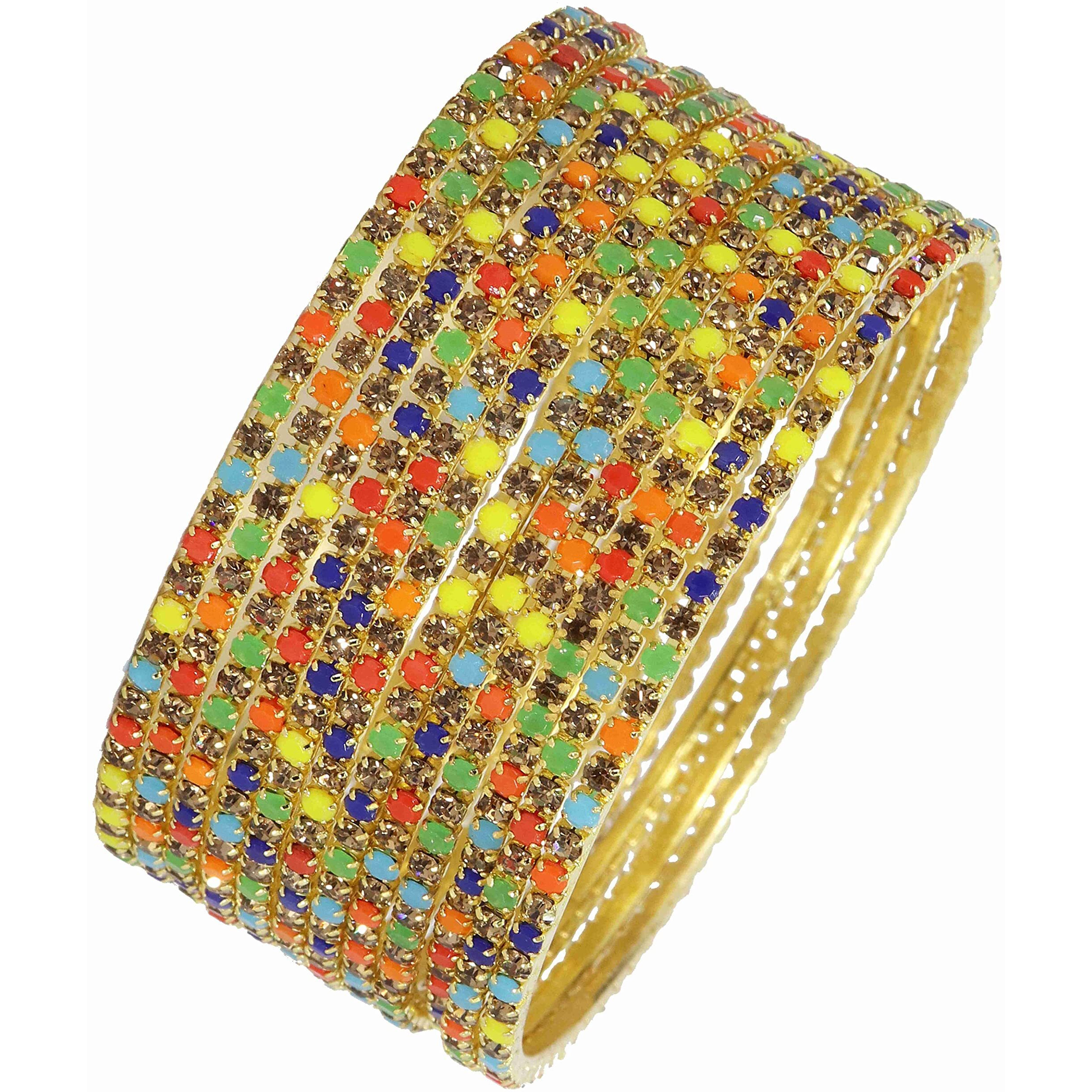ZULKA Non-Precious Metal with Base Metal and Zircon Gemstone Studded Premium and Traditional Glossy Finished Sleek Bangle set for Women and Girls, (Golden-Multi_2.6 Inches), Pack Of 12 Bangles