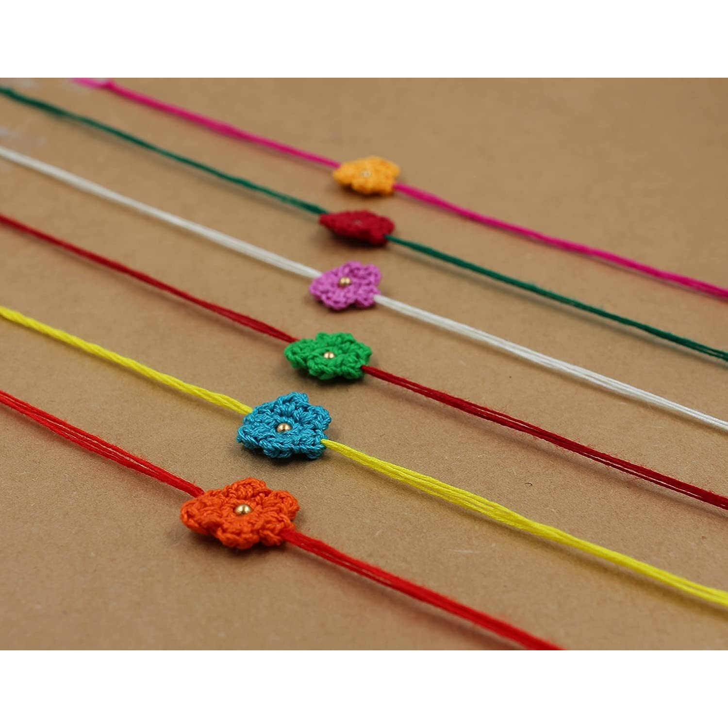Prapti Handicrafts Handmade Multicolour Crochet Rakhis for Brothers KidsPack of 6 With Roli Chawal