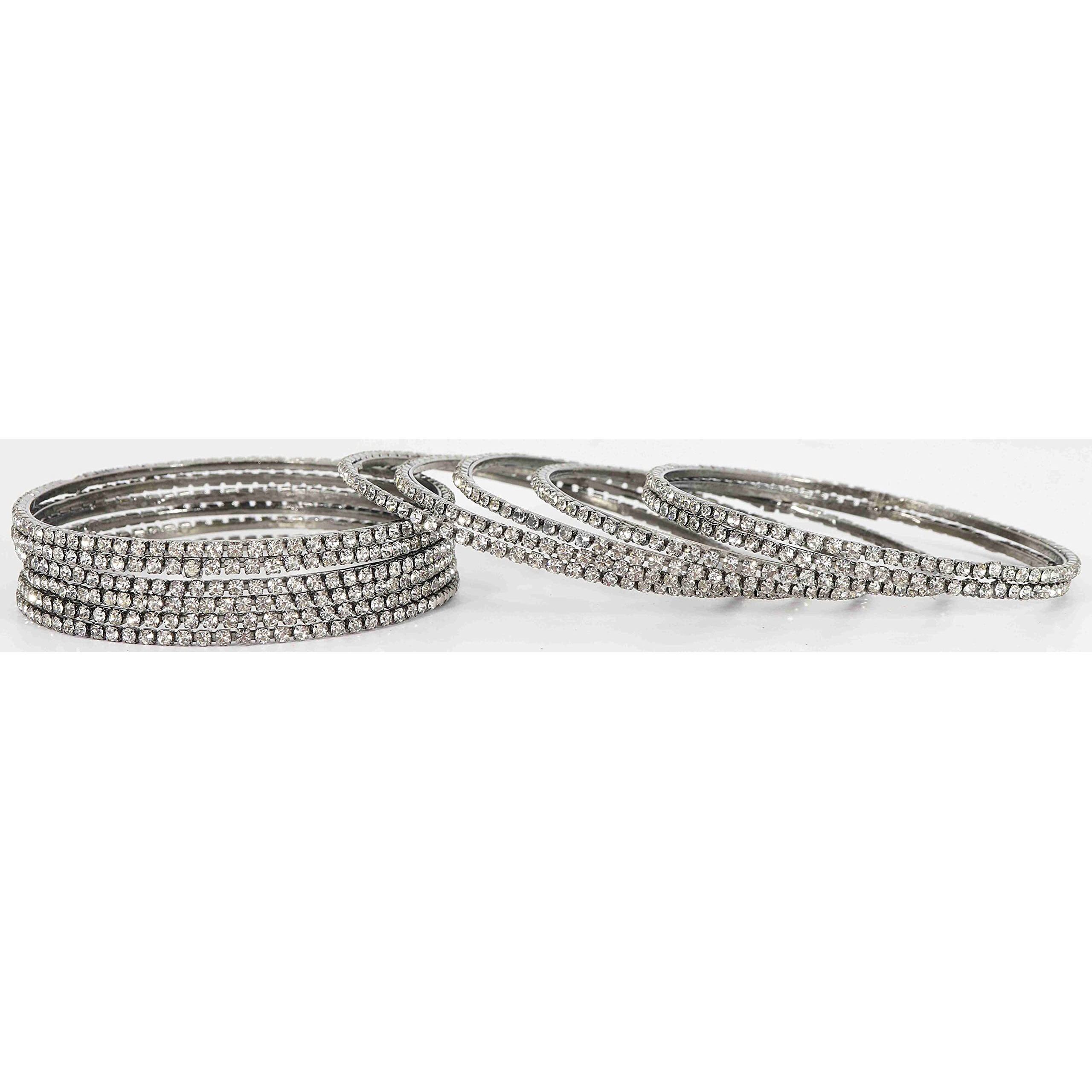 ZULKA Non-Precious Metal with Base Metal and Zircon Gemstone Studded Premium and Traditional Glossy Finished Sleek Bangle set for Women and Girls, (Grey_2.4 Inches), Pack Of 12 Bangles