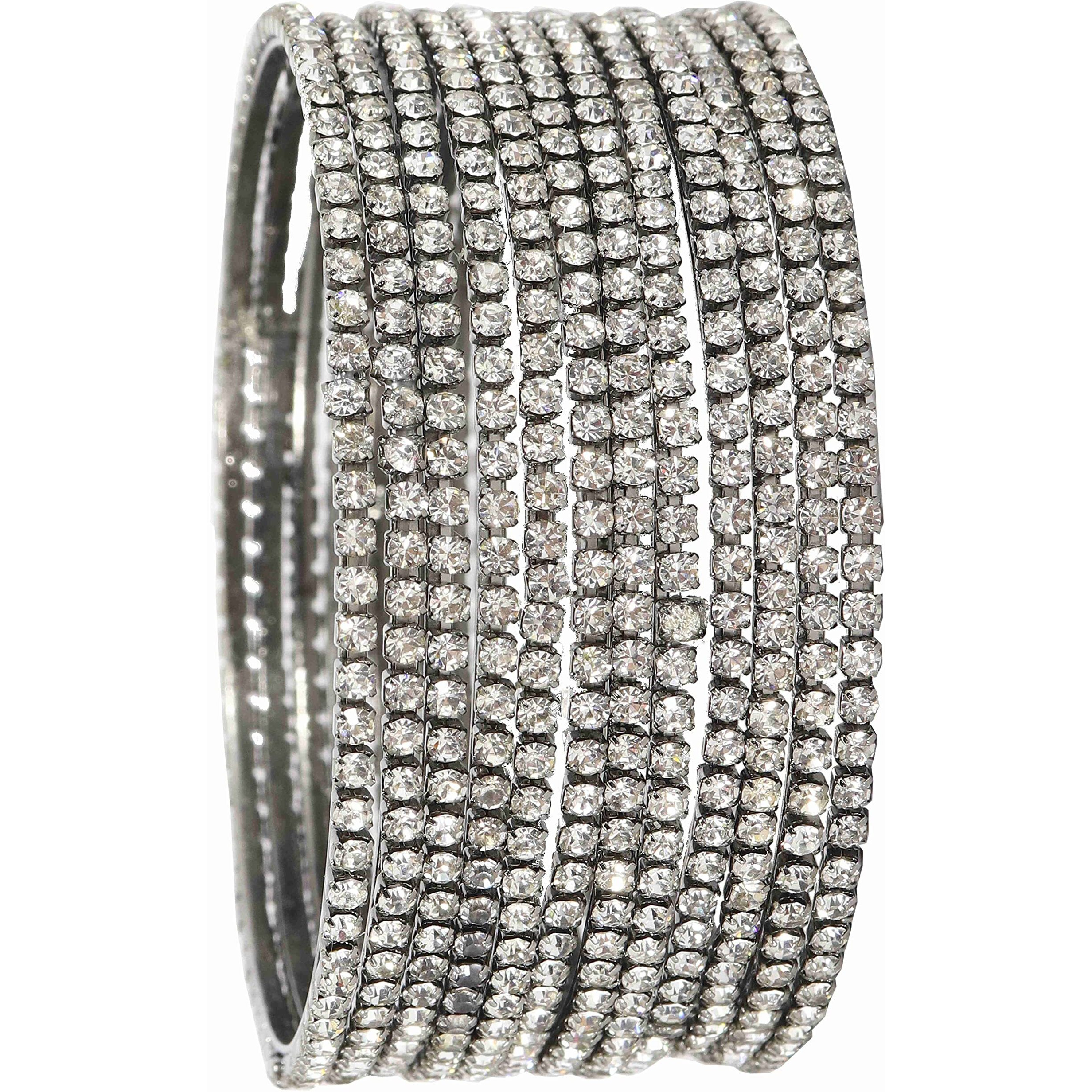 ZULKA Non-Precious Metal with Base Metal and Zircon Gemstone Studded Premium and Traditional Glossy Finished Sleek Bangle set for Women and Girls, (Grey_2.4 Inches), Pack Of 12 Bangles