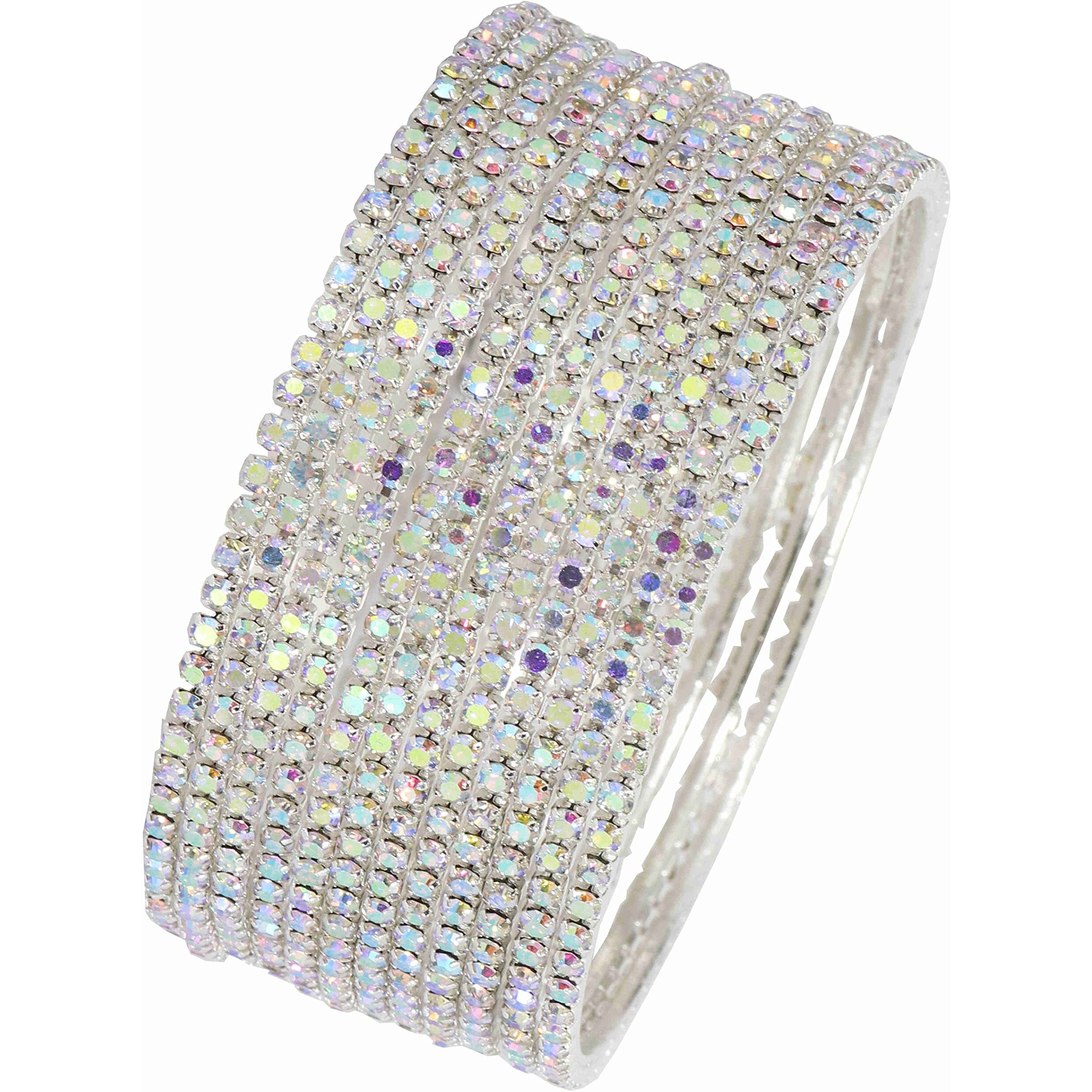 ZULKA Non-Precious Metal with Base Metal and Zircon Gemstone Studded Premium and Traditional Glossy Finished Sleek Bangle set for Women and Girls, (Silver-Rainbow_2.4 Inches), Pack Of 12 Bangles