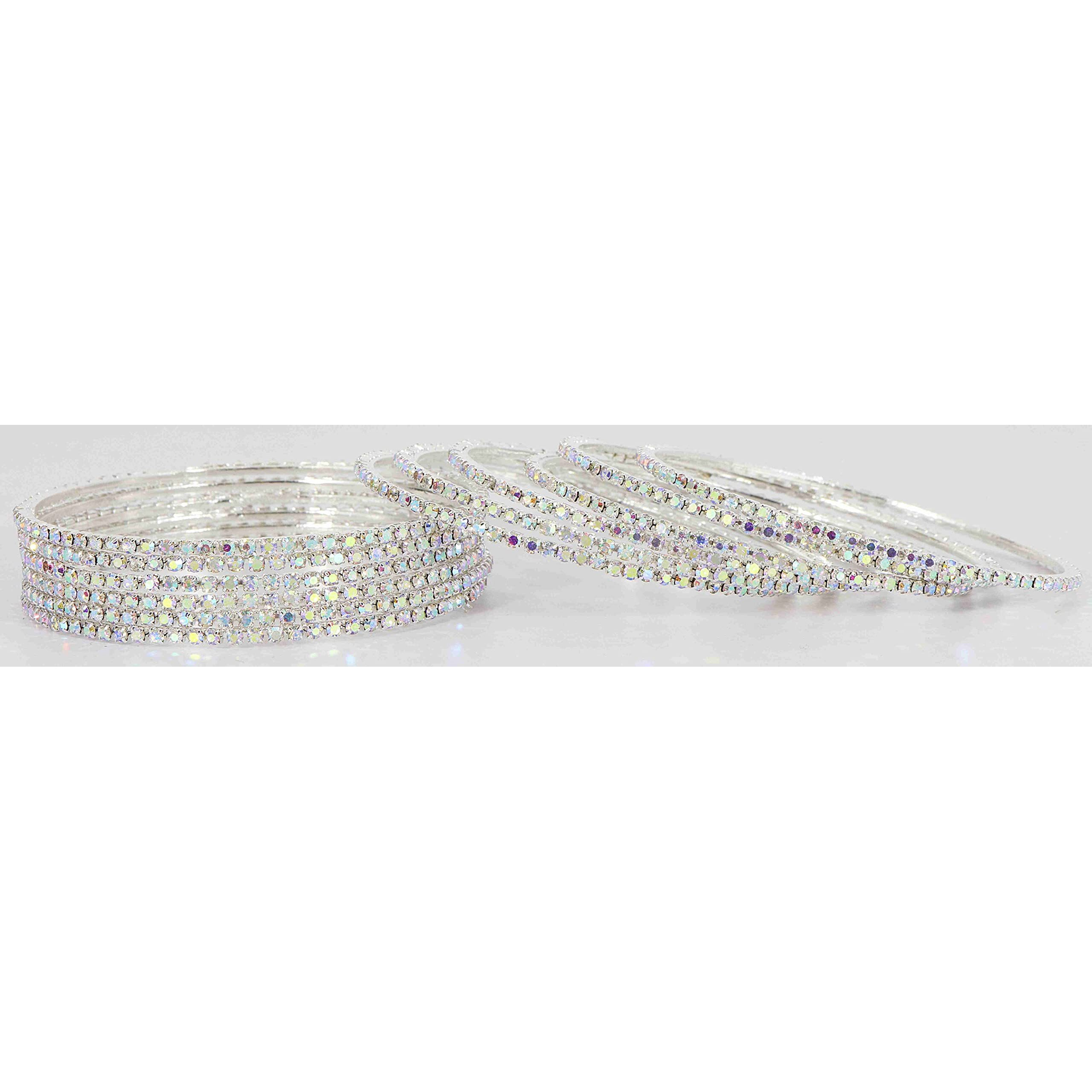 ZULKA Non-Precious Metal with Base Metal and Zircon Gemstone Studded Premium and Traditional Glossy Finished Sleek Bangle set for Women and Girls, (Silver-Rainbow_2.4 Inches), Pack Of 12 Bangles