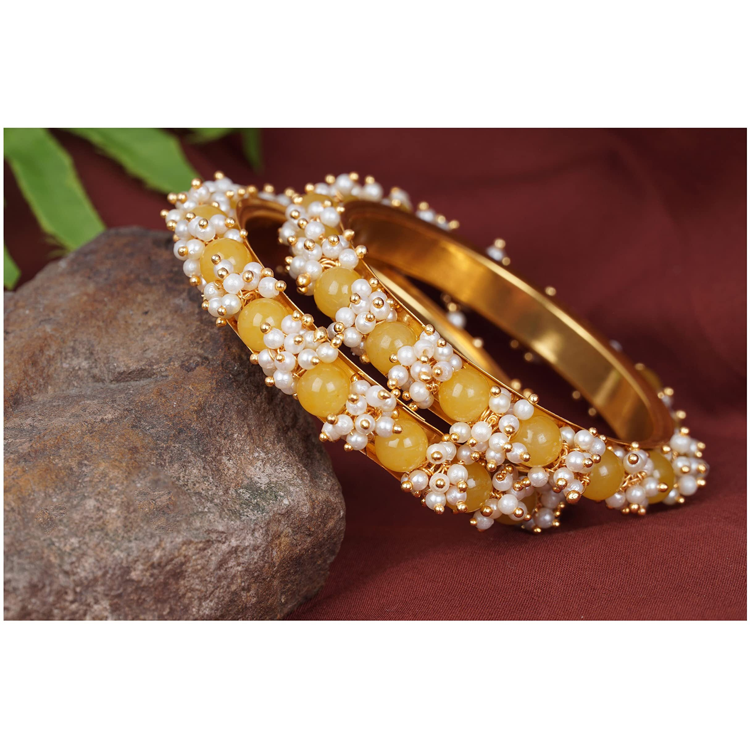 JFL - Jewellery for Less Womens Fashion Gold Plated Cluster Pearl Beads Bangle Set (Dark Yellow),Valentine