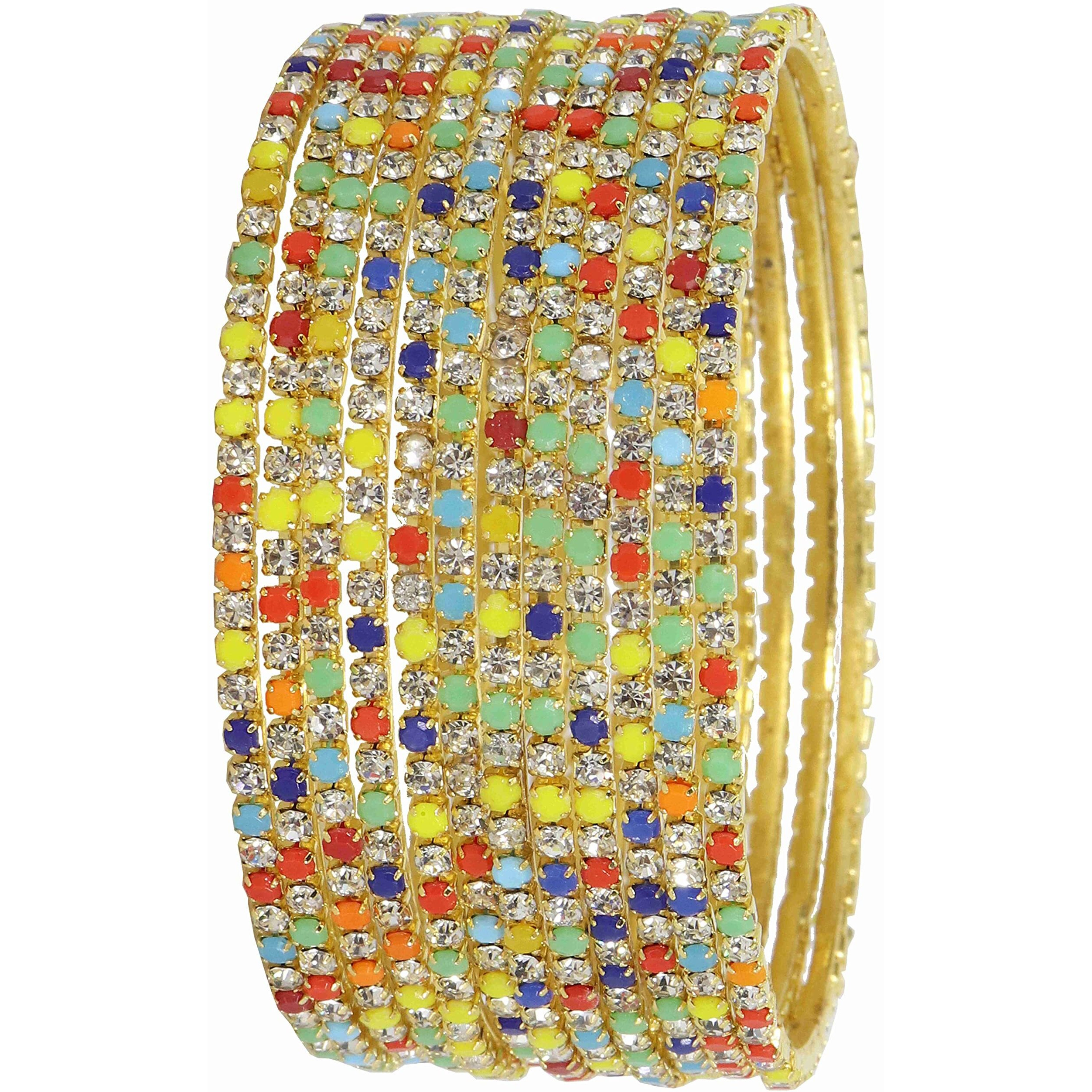 ZULKA Non-Precious Metal with Base Metal and Zircon Gemstone Studded Premium and Traditional Glossy Finished Sleek Bangle set for Women and Girls, (Silver-Multi_2.8 Inches), Pack Of 12 Bangles