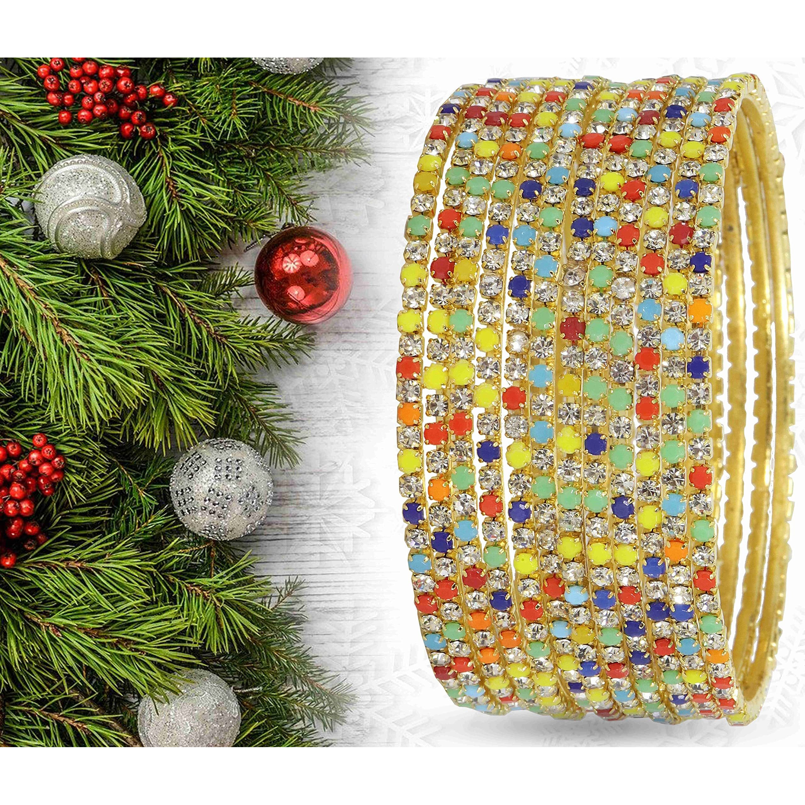 ZULKA Non-Precious Metal with Base Metal and Zircon Gemstone Studded Premium and Traditional Glossy Finished Sleek Bangle set for Women and Girls, (Silver-Multi_2.8 Inches), Pack Of 12 Bangles