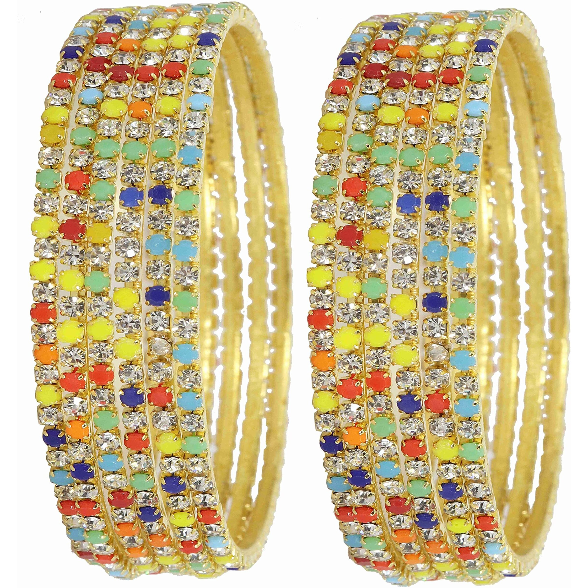 ZULKA Non-Precious Metal with Base Metal and Zircon Gemstone Studded Premium and Traditional Glossy Finished Sleek Bangle set for Women and Girls, (Silver-Multi_2.8 Inches), Pack Of 12 Bangles