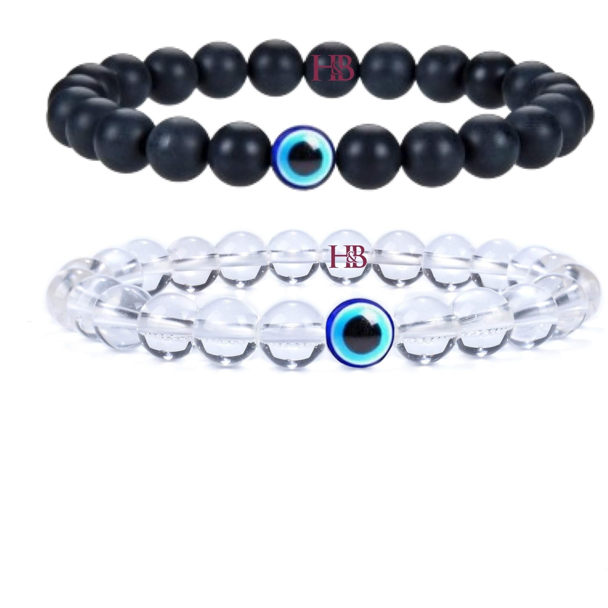 Hot And Bold Multilayered Couple Evil Eye Beads Combo Bracelet Set. Embrace Harmony, Protection, and Positive Energy Together for Him & Her. (Natures Mosaic Bracelet (Clear Quartz & Onyx))