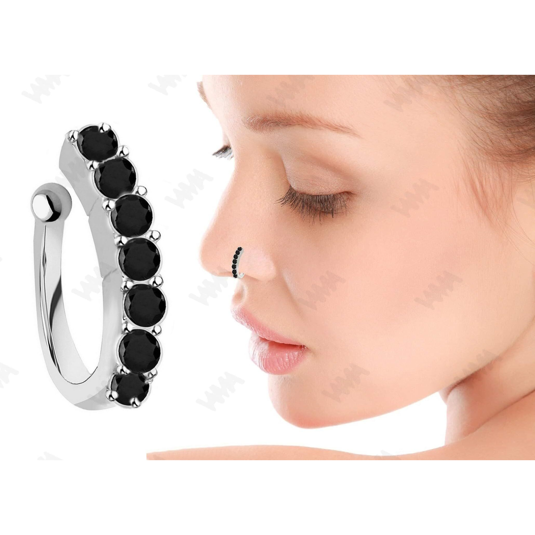 VAMA FASHIONS Without Piercing Clip on Nose pin without Hole Pressing Type Press Nose ring Stud for Women (Black Stone Silver Nose Pin)