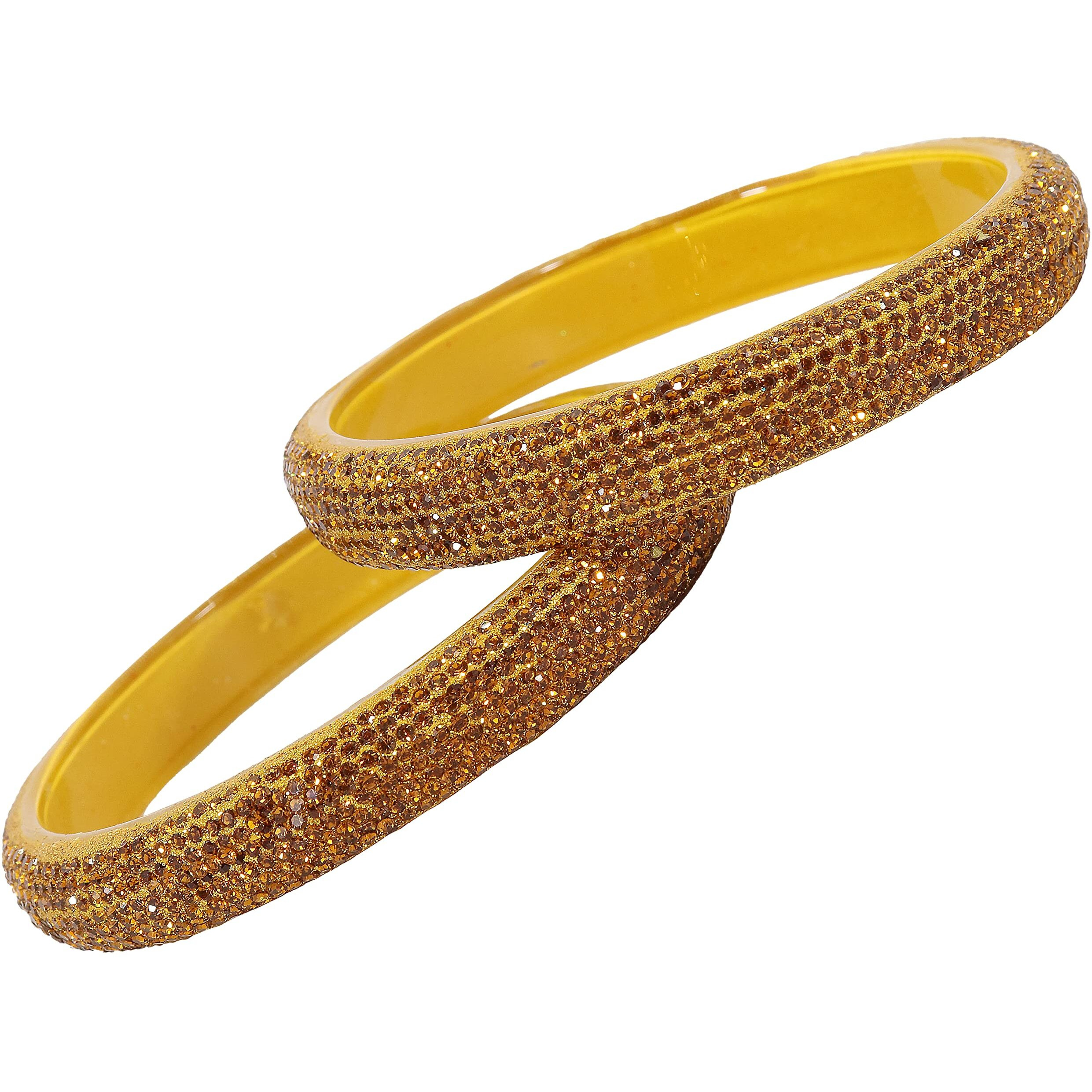 NMII Glass with Zircon Gemstone and Glitter Kada Set For Women and Girls, (NAB79-Yellow-2.8 Inches), Pack Of 2 Kada Set