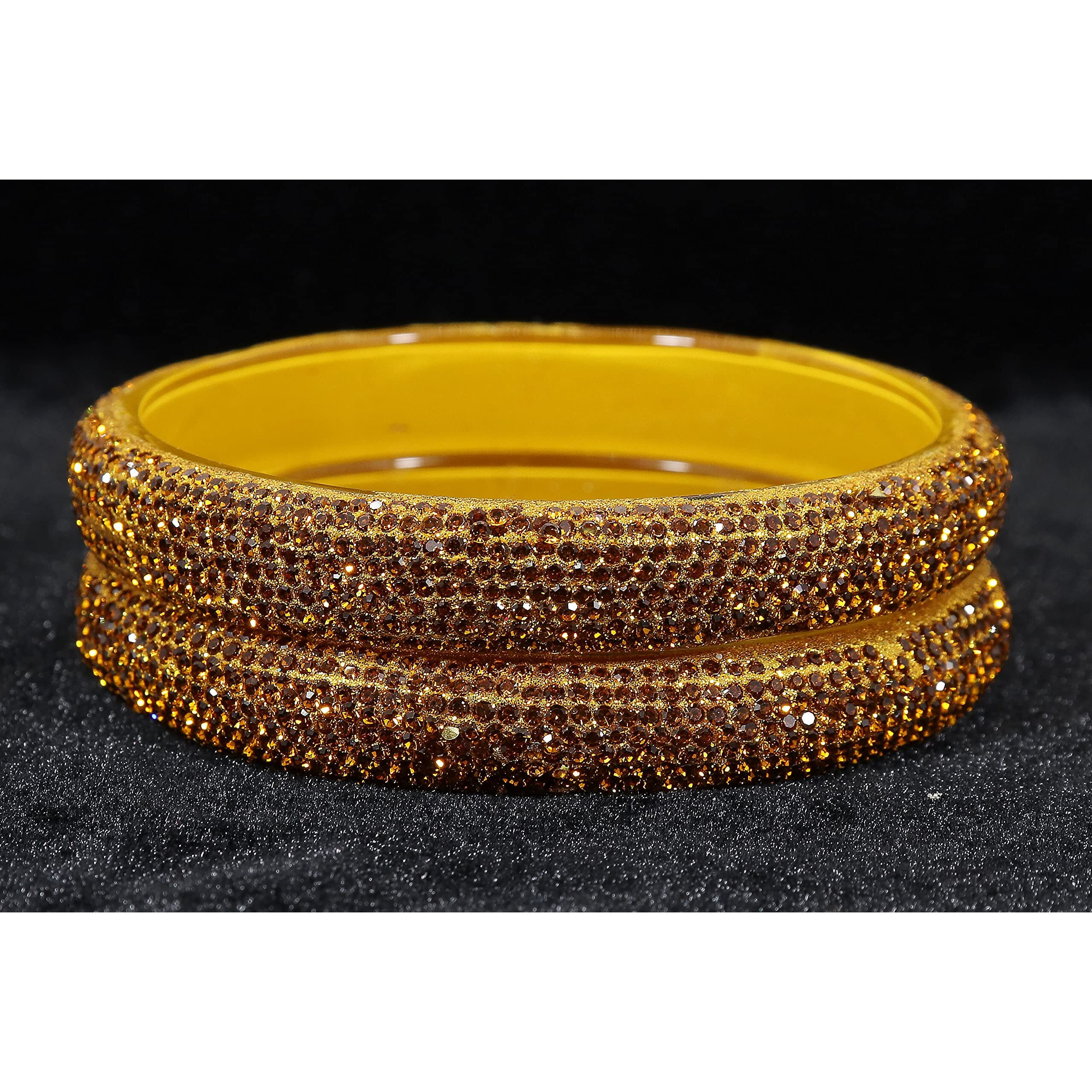 NMII Glass with Zircon Gemstone and Glitter Kada Set For Women and Girls, (NAB79-Yellow-2.8 Inches), Pack Of 2 Kada Set
