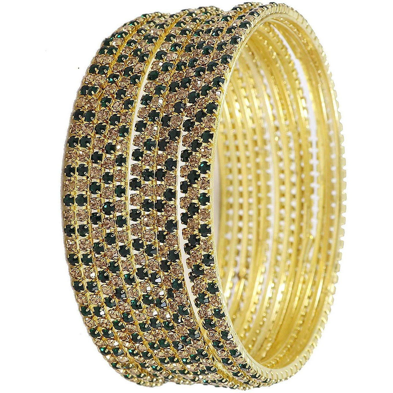 ZULKA Non-Precious Metal Base Metal with Zircon Gemstone Studded worked Glossy Finished Bangle Set For Women and Girls, (Green-Golden_2.6 Inches), Pack Of 12 Bangle Set