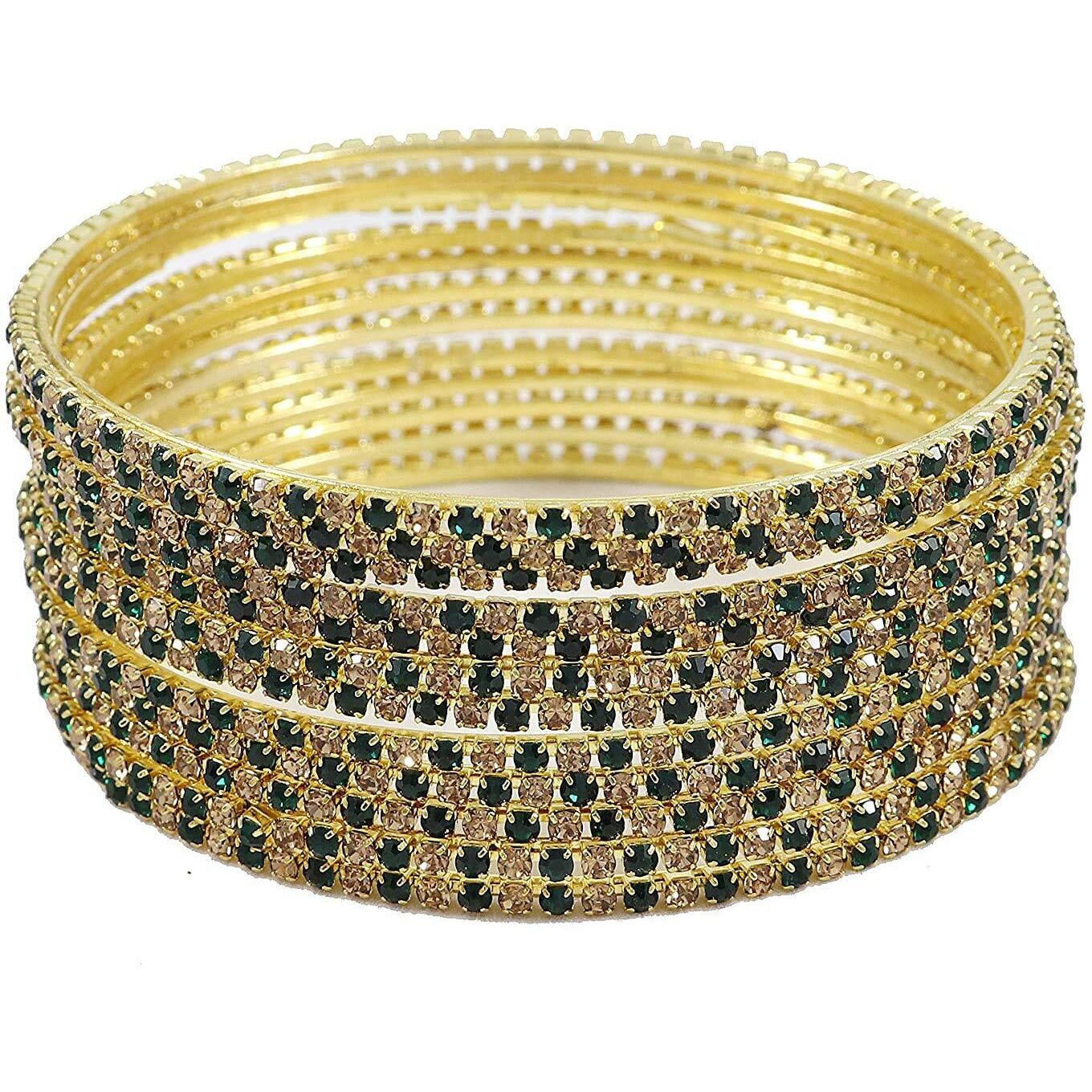 ZULKA Non-Precious Metal Base Metal with Zircon Gemstone Studded worked Glossy Finished Bangle Set For Women and Girls, (Green-Golden_2.6 Inches), Pack Of 12 Bangle Set