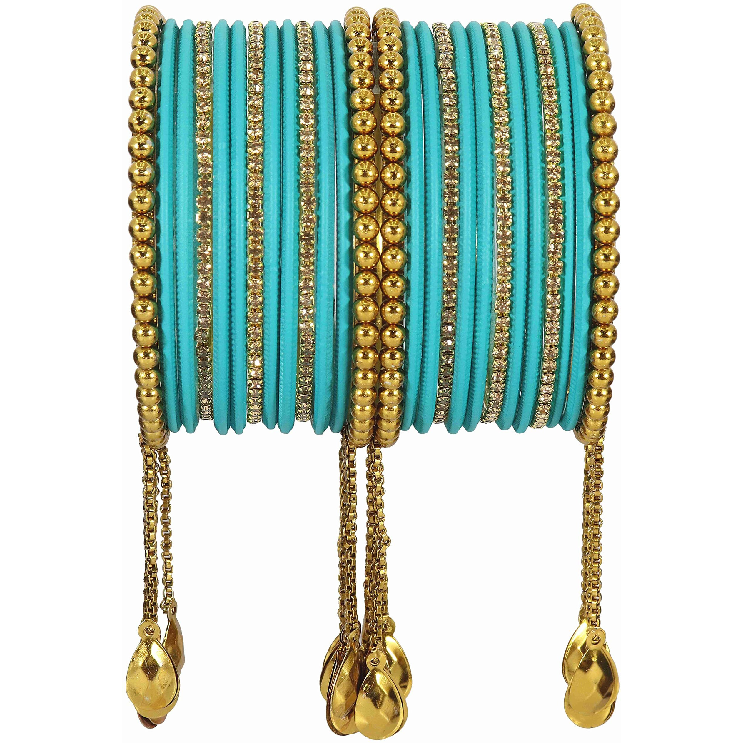 NMII Gold Plated Metal Bangles Set For Women & Girls with Zircon Gemstone & BallChain Linked | Latkan Bangle set | Traditional Bangles Bracelet | Stylish Gold Bangles-(F100-Radium-2.4),(Pack Of 26)