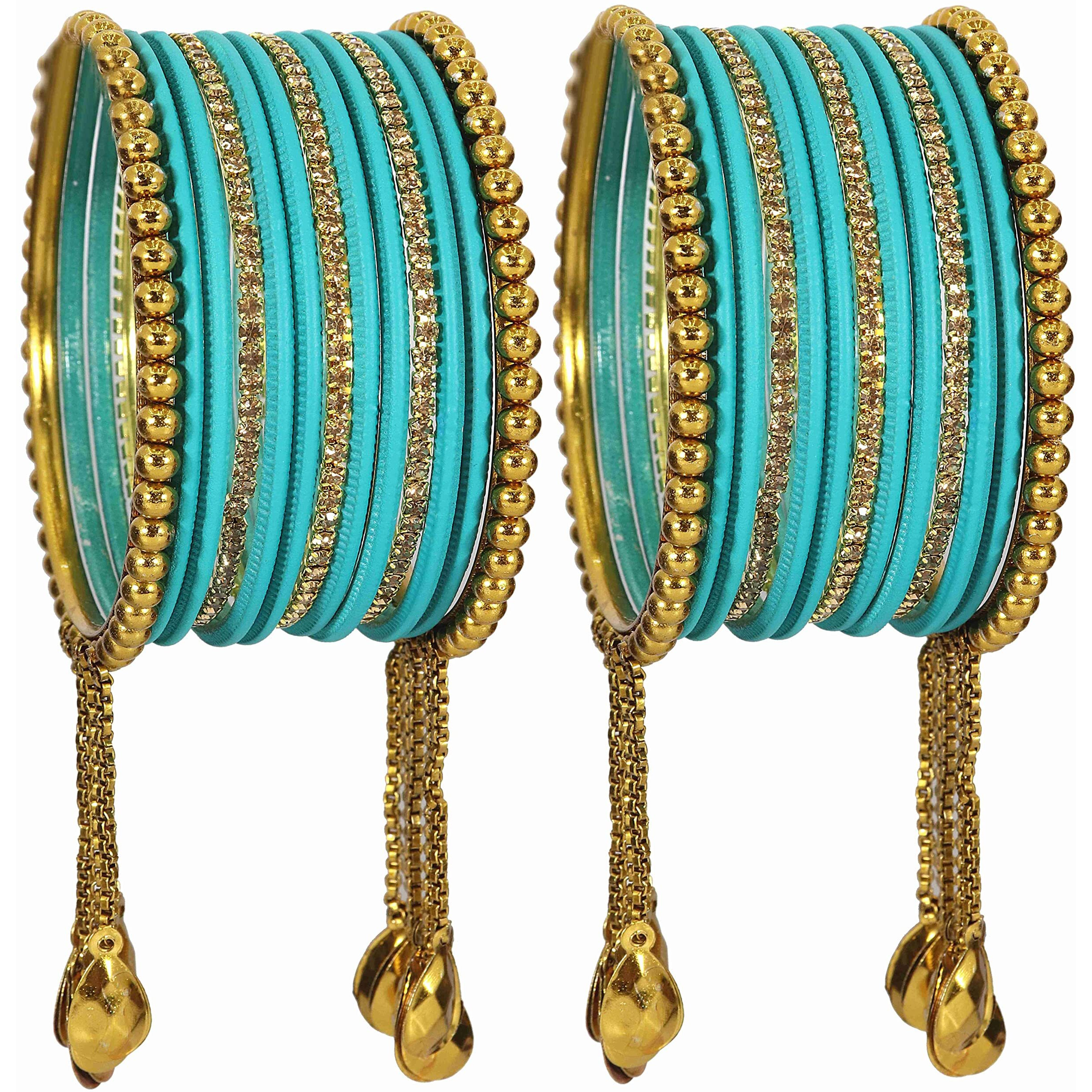 NMII Gold Plated Metal Bangles Set For Women & Girls with Zircon Gemstone & BallChain Linked | Latkan Bangle set | Traditional Bangles Bracelet | Stylish Gold Bangles-(F100-Radium-2.4),(Pack Of 26)