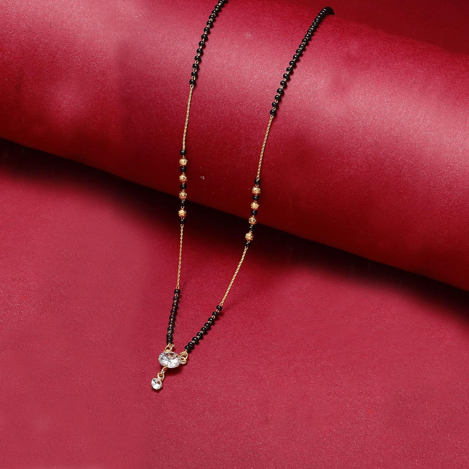 ZENEME Gold-Plated Black & White Artificial Stones Studded & Beads Beaded Locket Mangalsutra For Women (Design 4)