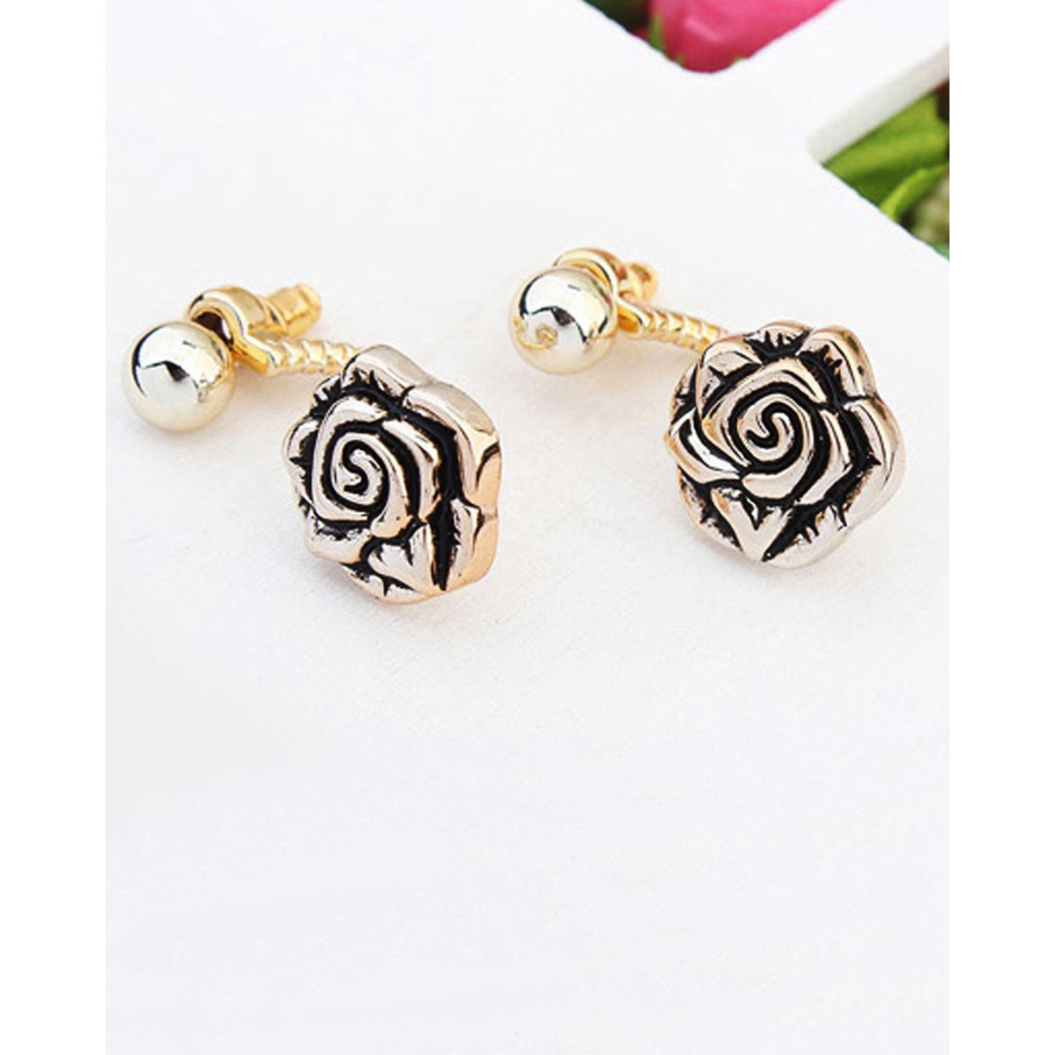 Young & Forever Gift Antique Gold Plated Ear Jacket Tribal Black Gold Rose Drop Earrings for Women Girls